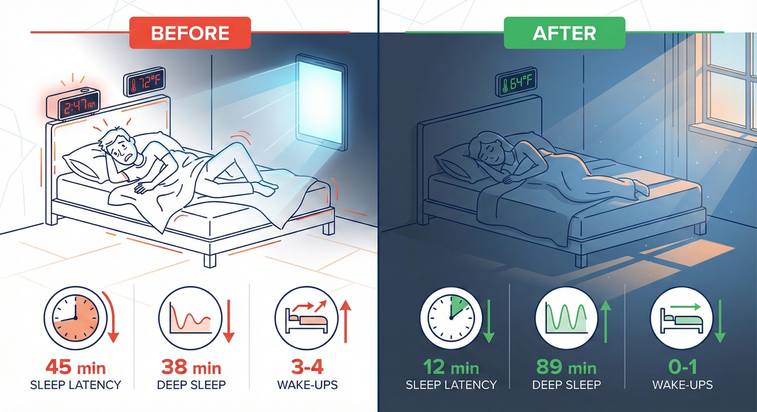 Before and after comparison showing sleep quality improvements from 45-minute sleep latency and 38 minutes deep sleep to 12-minute sleep latency and 89 minutes deep sleep using natural methods
