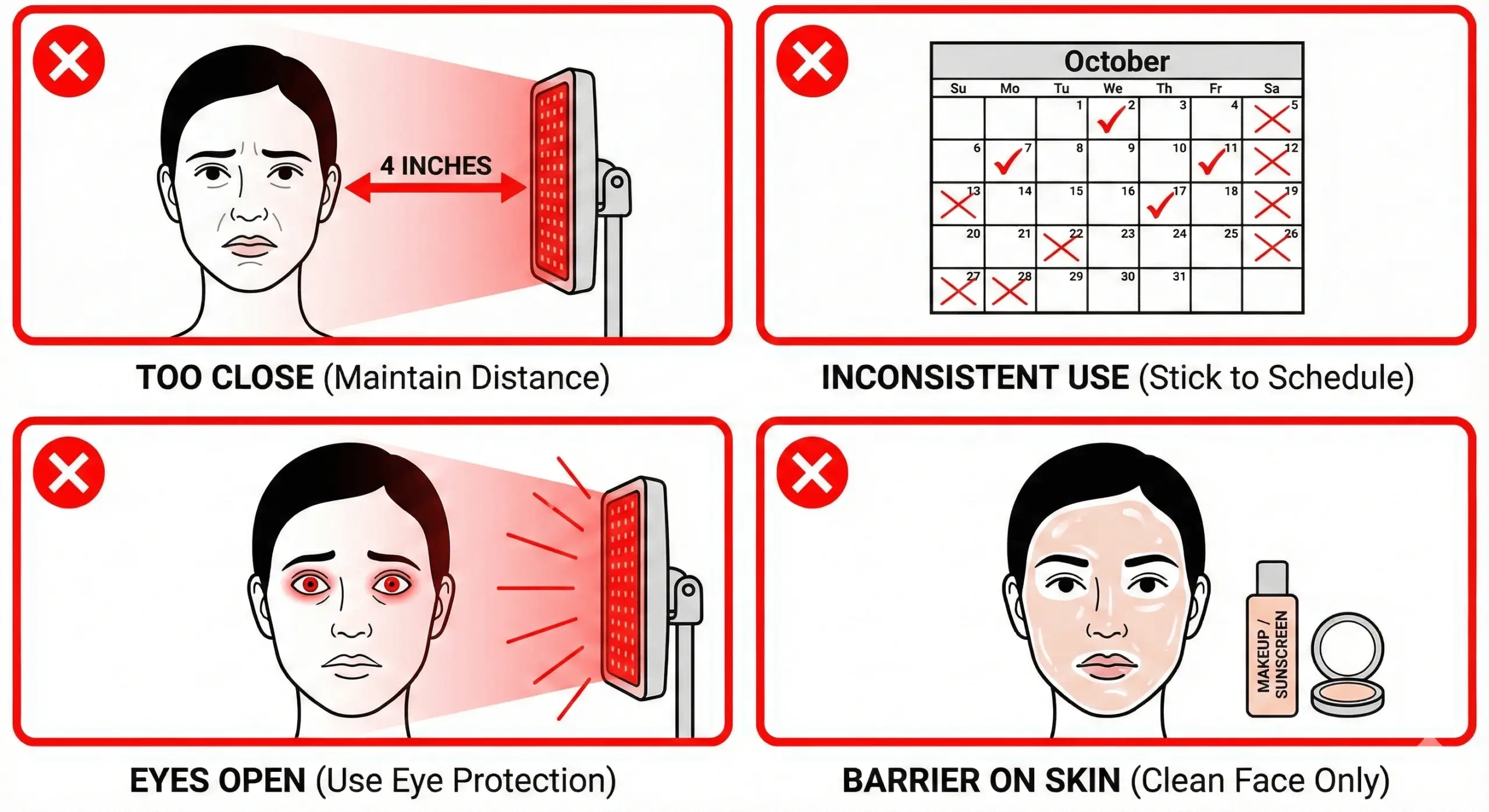Infographic showing four common red light therapy mistakes to avoid including improper distance, inconsistency, and lack of eye protection