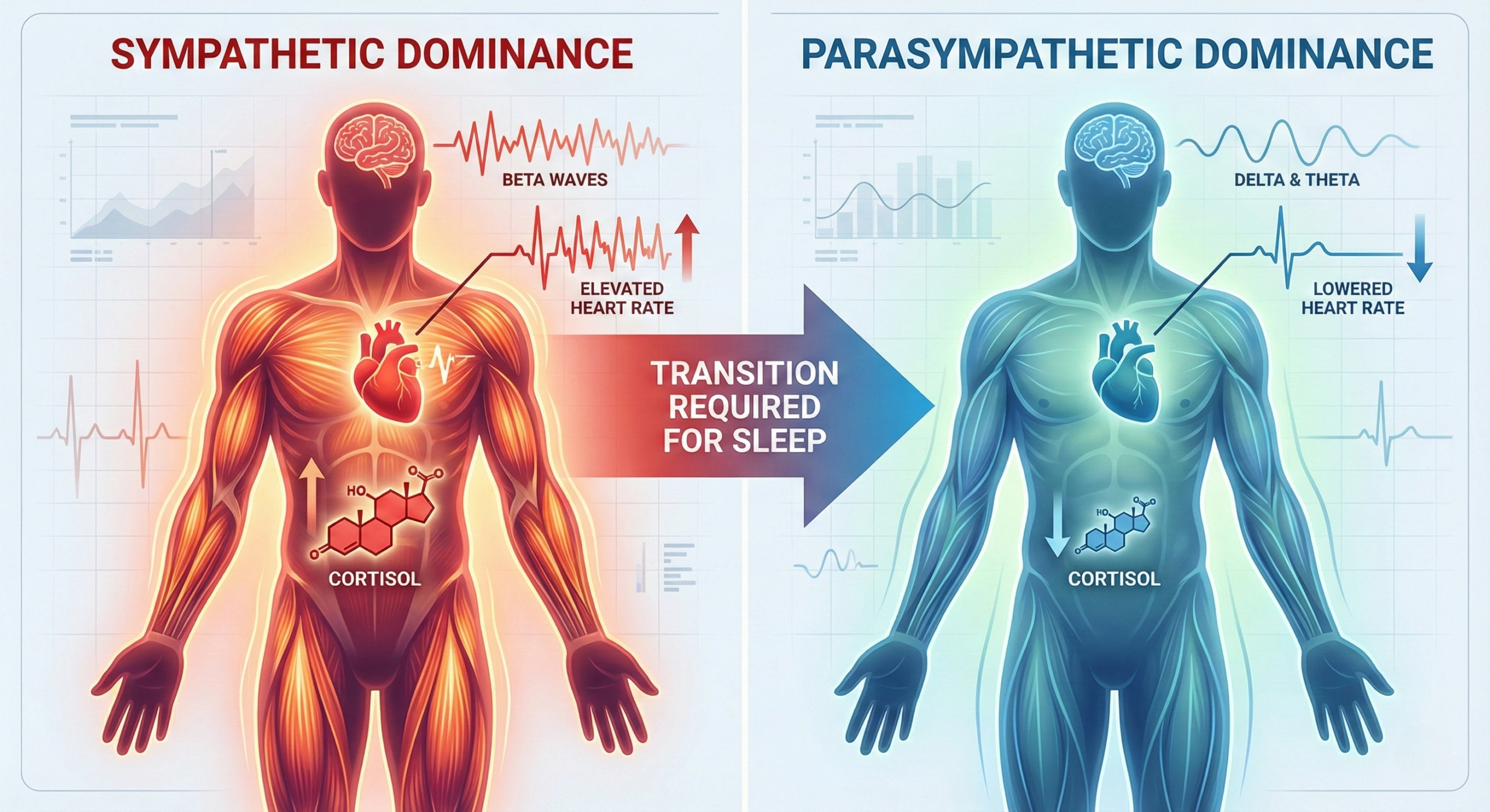 Diagram comparing physiological states showing sympathetic dominance with elevated cortisol and heart rate versus parasympathetic dominance with lowered arousal markers required for sleep