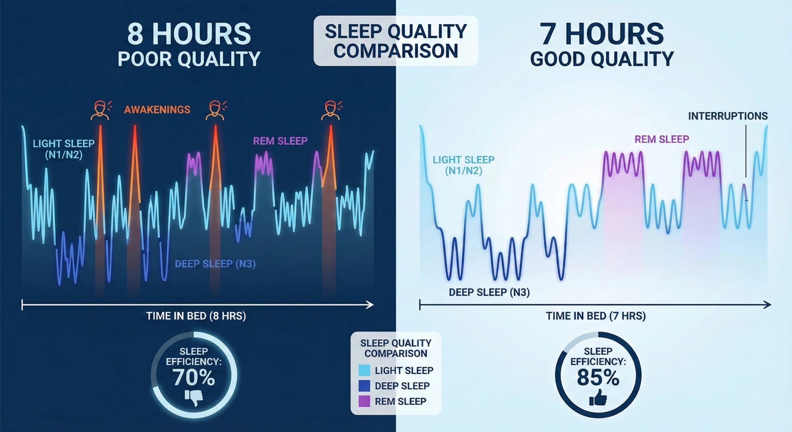 Side-by-side comparison showing 8 hours of fragmented poor quality sleep versus 7 hours of consolidated good quality sleep with proper sleep stage distribution