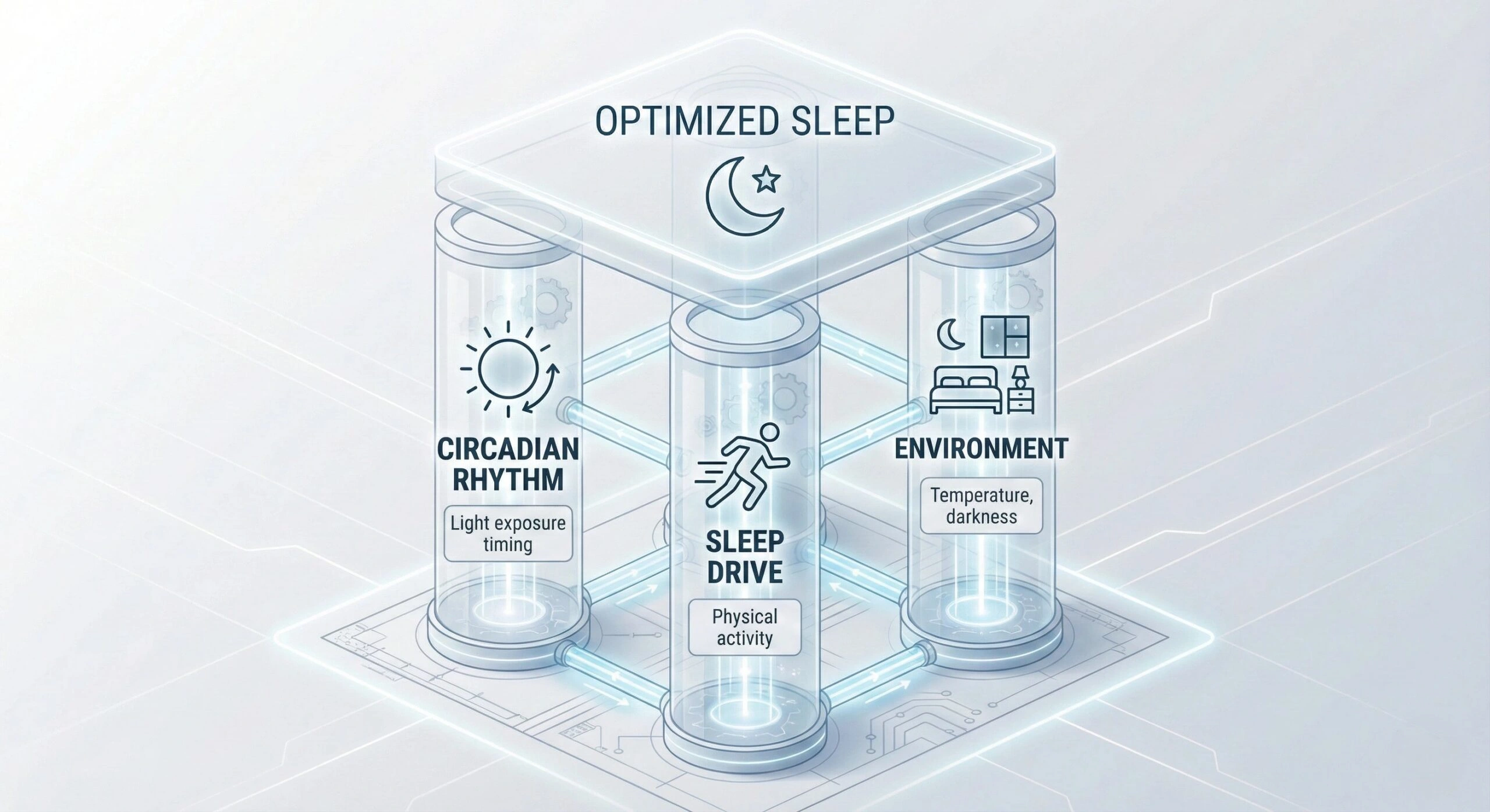 Diagram showing three interconnected pillars of sleep optimization: circadian rhythm alignment through light exposure, sleep drive through activity, and sleep environment through temperature and darkness
