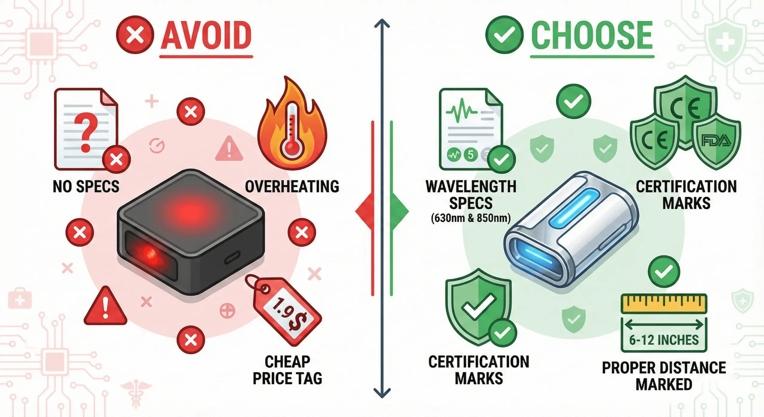  Comparison showing red flags of unsafe red light devices versus features of quality certified devices