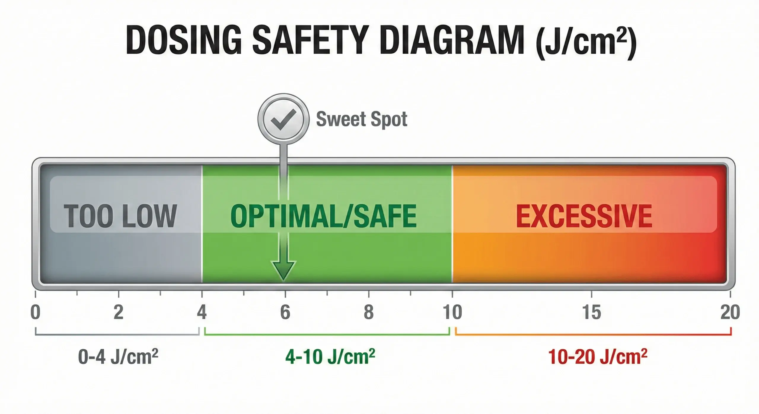 Diagram showing safe red light therapy dosing range between 4-10 joules per square centimeter