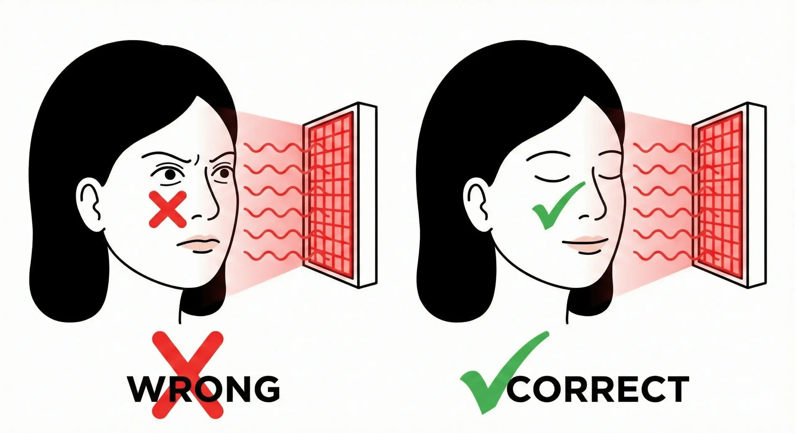 Illustration demonstrating proper eye protection by keeping eyes closed during red light therapy