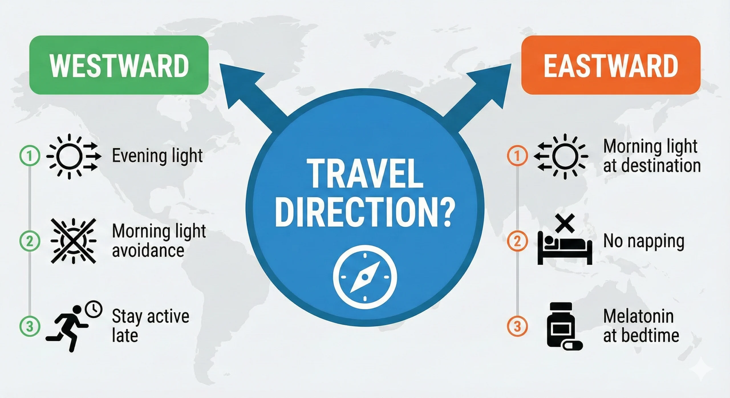 Flowchart showing jet lag adaptation protocol with different paths for eastward travel requiring morning light and westward travel requiring evening light exposure