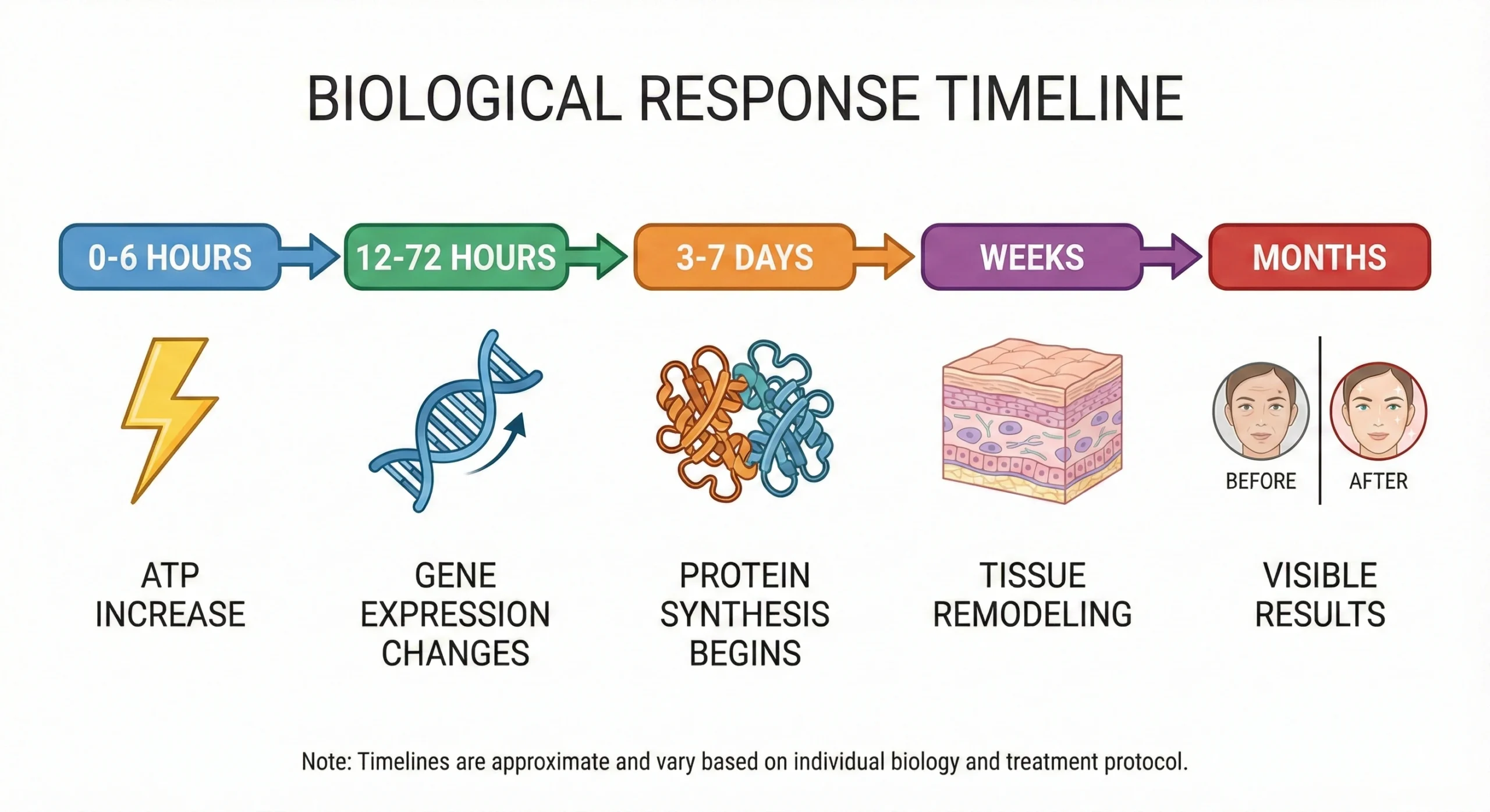 Diagram showing timeline of cellular changes from red light therapy including ATP increase within minutes, gene expression within hours, and protein synthesis within days