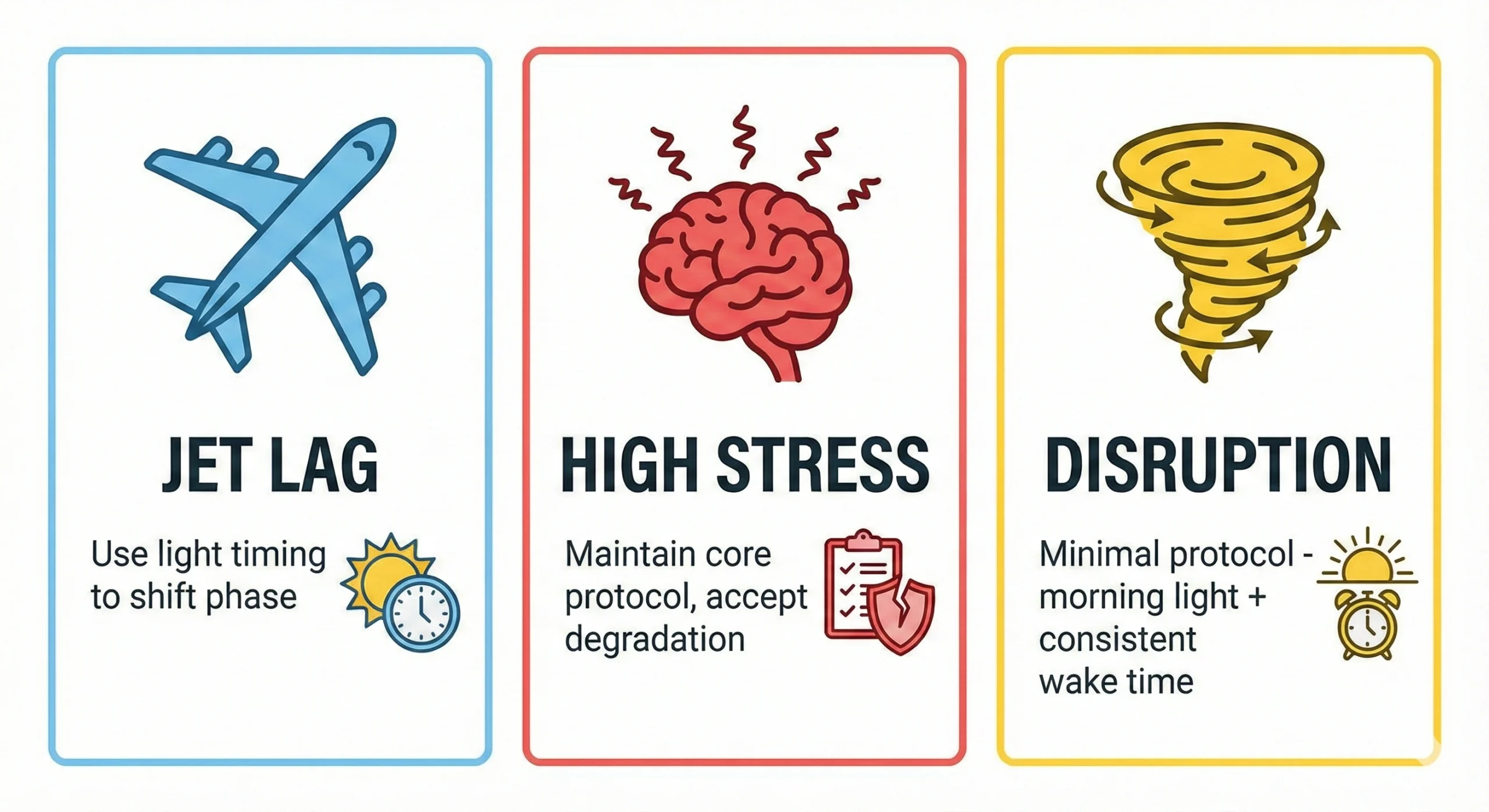 Infographic showing adaptation strategies for common sleep disruptors including jet lag, stress periods, and chaotic schedules with minimal viable protocols