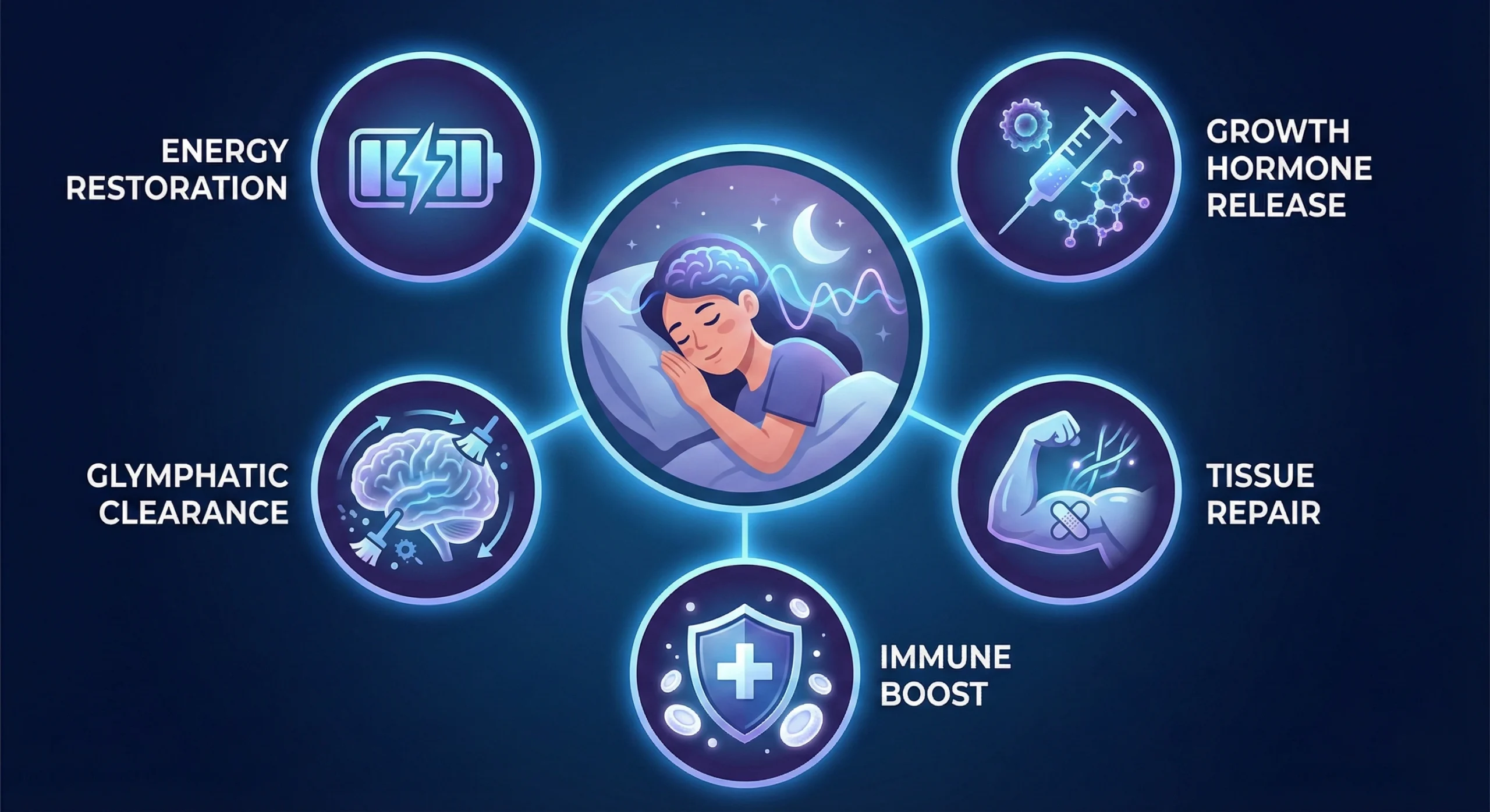 Infographic showing multiple functions of deep sleep including growth hormone release, glymphatic clearance, immune enhancement, and tissue repair with icons and brief descriptions
