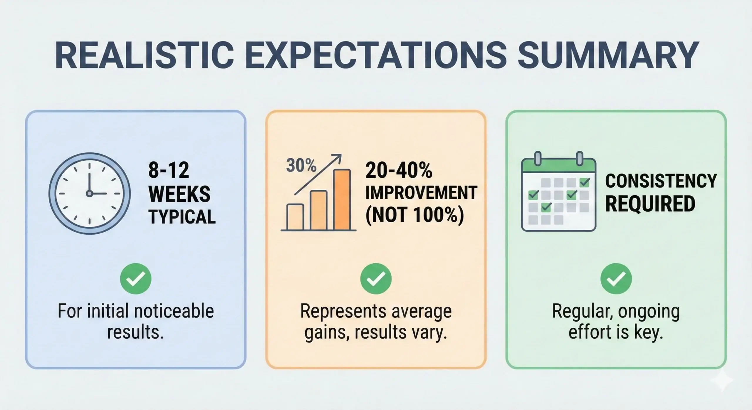 Infographic showing realistic expectations for red light therapy including typical timeline of 8-12 weeks, modest improvements of 20-40 percent, and importance of consistency