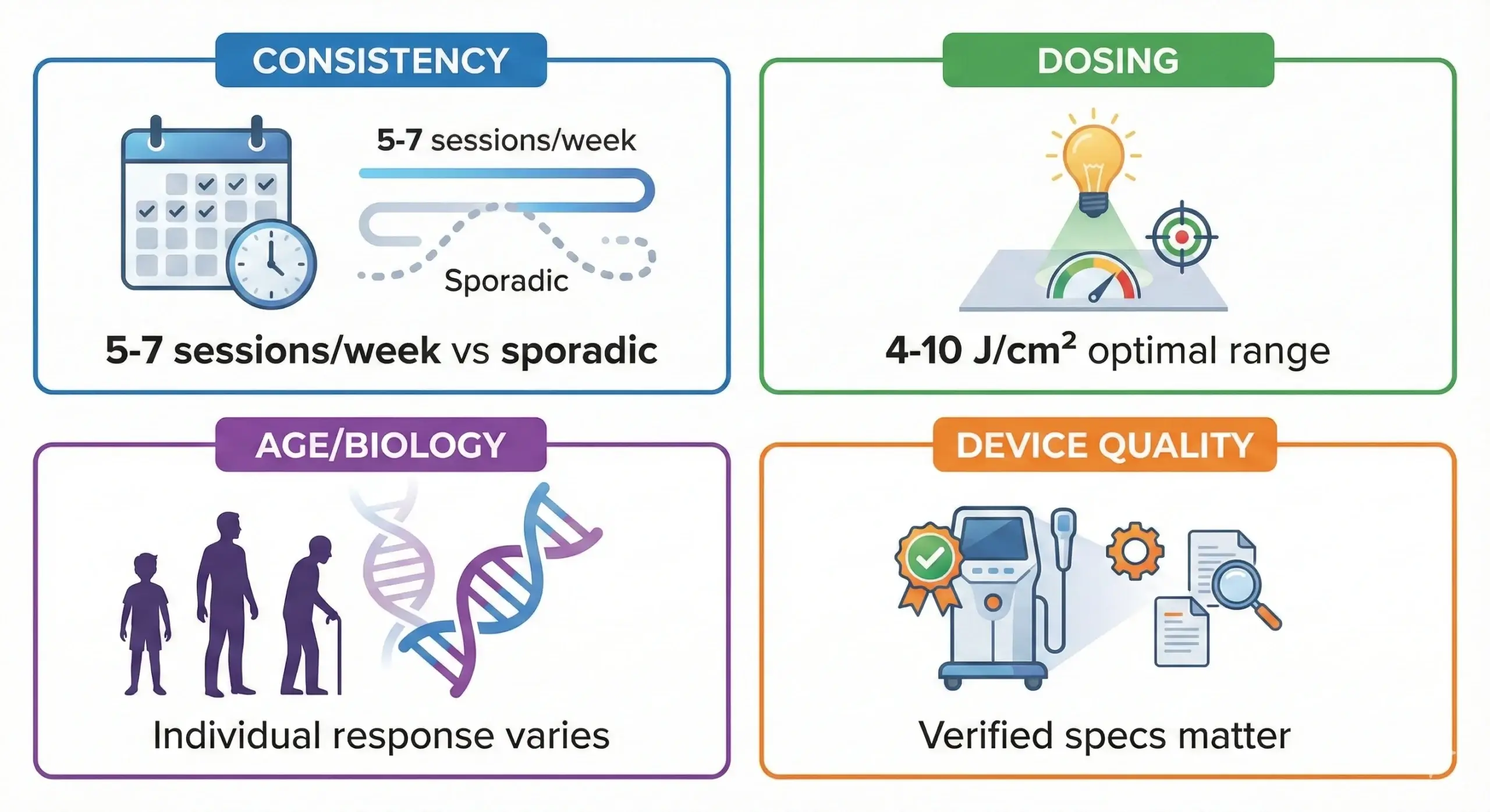 Infographic showing four key factors that influence red light therapy timeline: consistency of use, proper dosing, age and skin condition, and device quality
