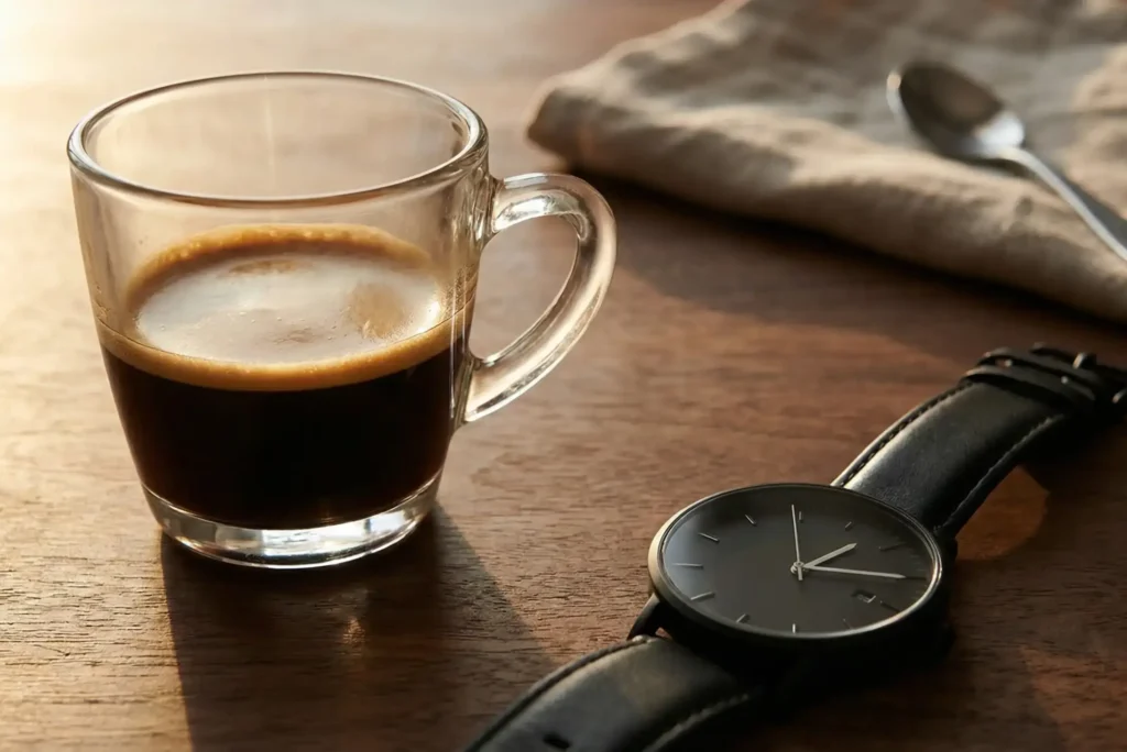 Close-up of an espresso cup and a watch showing 1:55 PM, illustrating the 2 PM caffeine cutoff rule for preserving deep sleep quality.