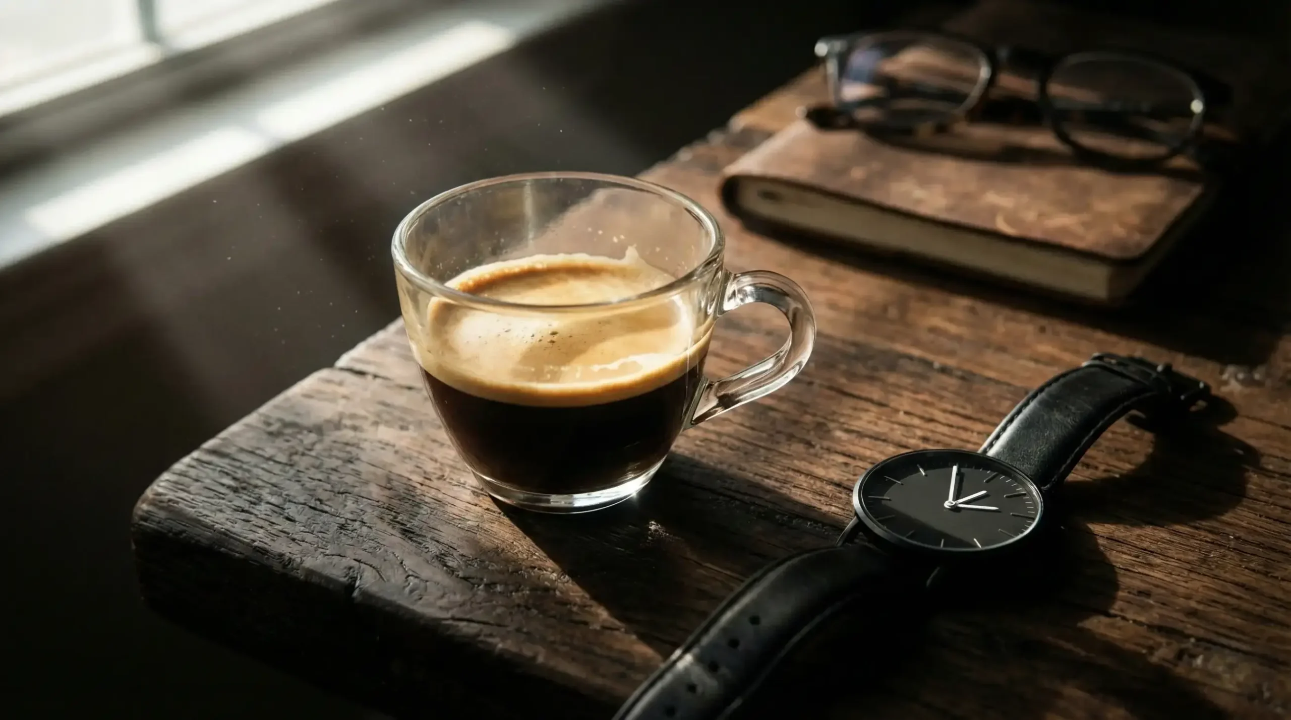 Cinematic close-up of a half-finished espresso on a walnut desk next to a watch showing 1:55 PM, illustrating the 2 PM caffeine cutoff rule for sleep optimization.