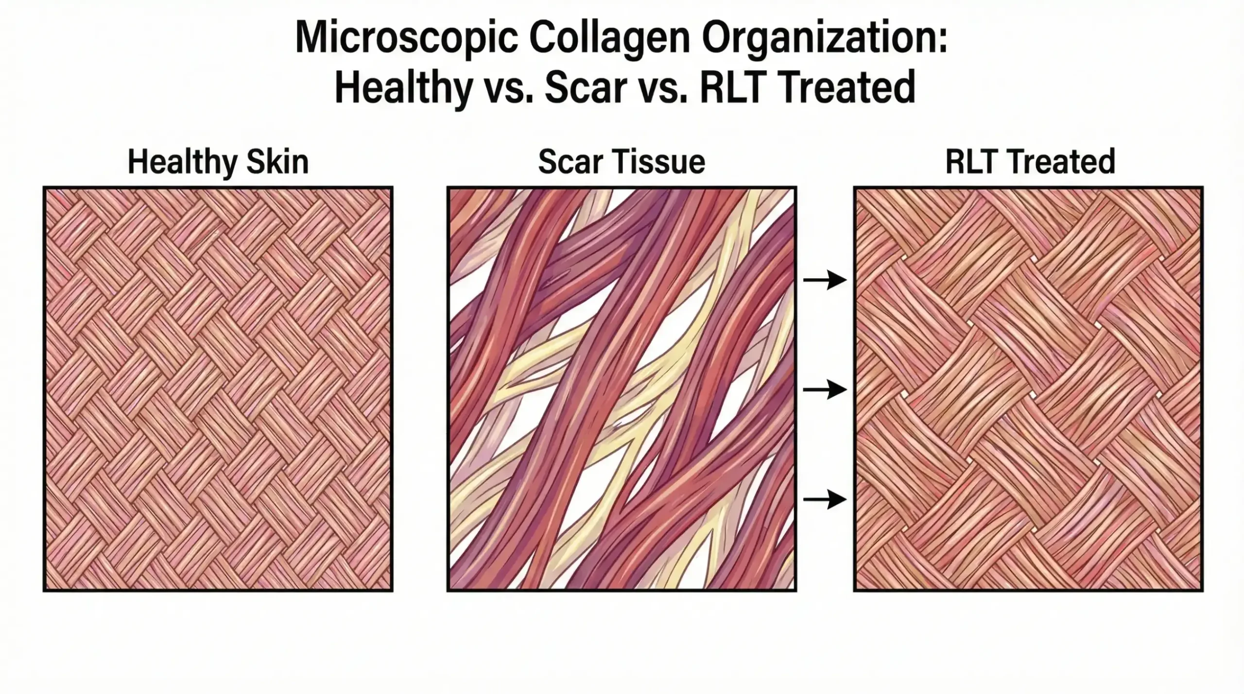 Diagram showing collagen organization in healthy skin versus scar tissue.