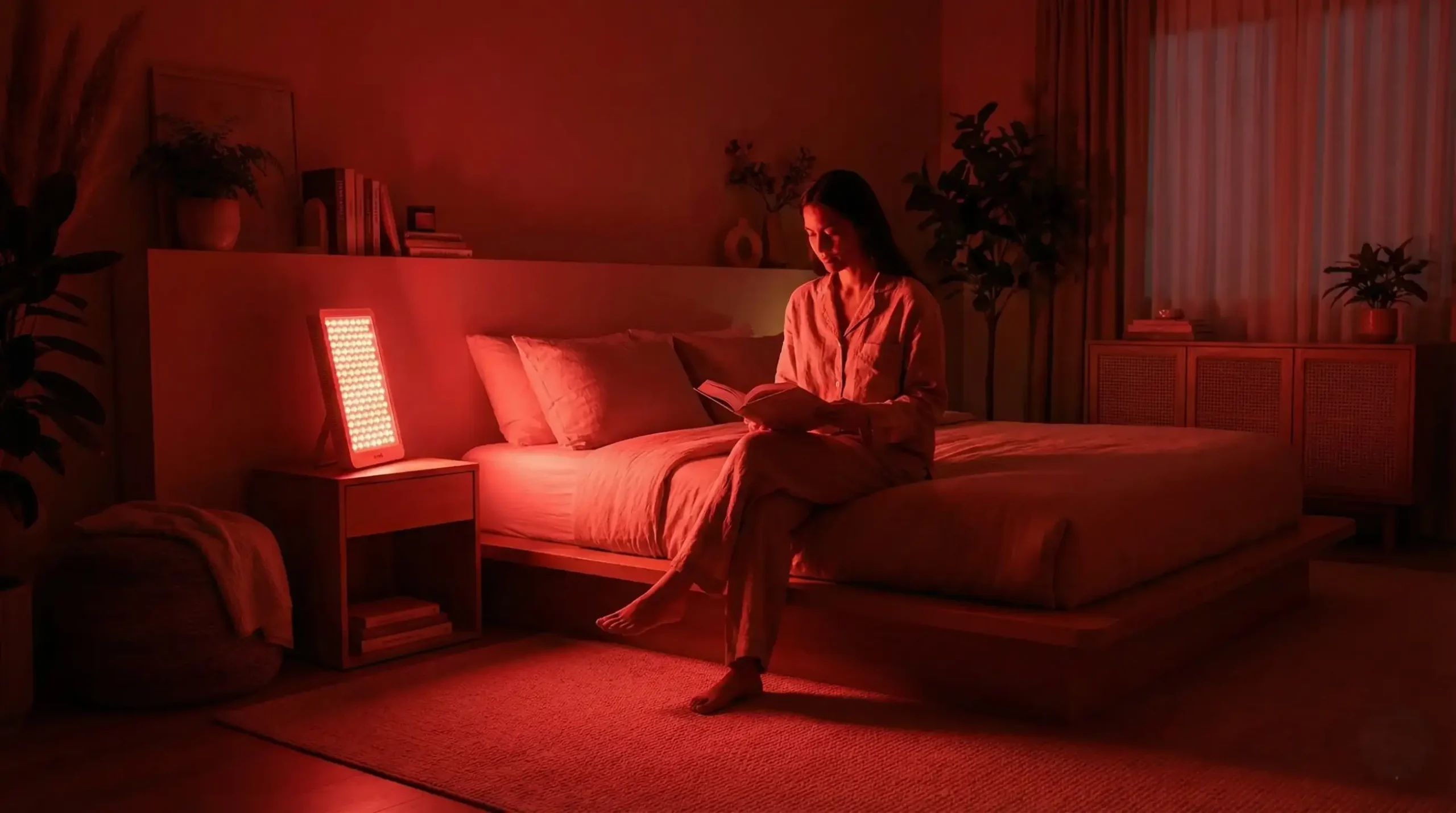 Bedroom illuminated by red light therapy devices to protect melatonin production and optimize circadian rhythm for sleep.