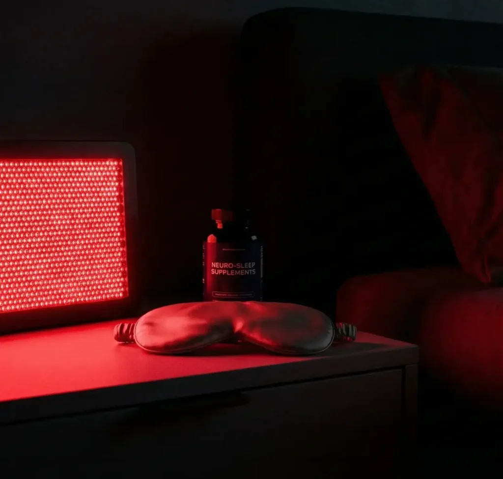 Bedroom nightstand illuminated by a red light therapy panel to optimize circadian rhythm and protect melatonin levels for sleep.