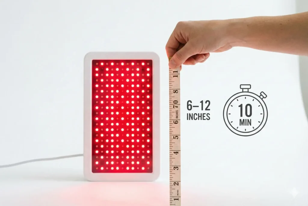 Hand measuring distance from a red light therapy panel with a tape measure for dosing.