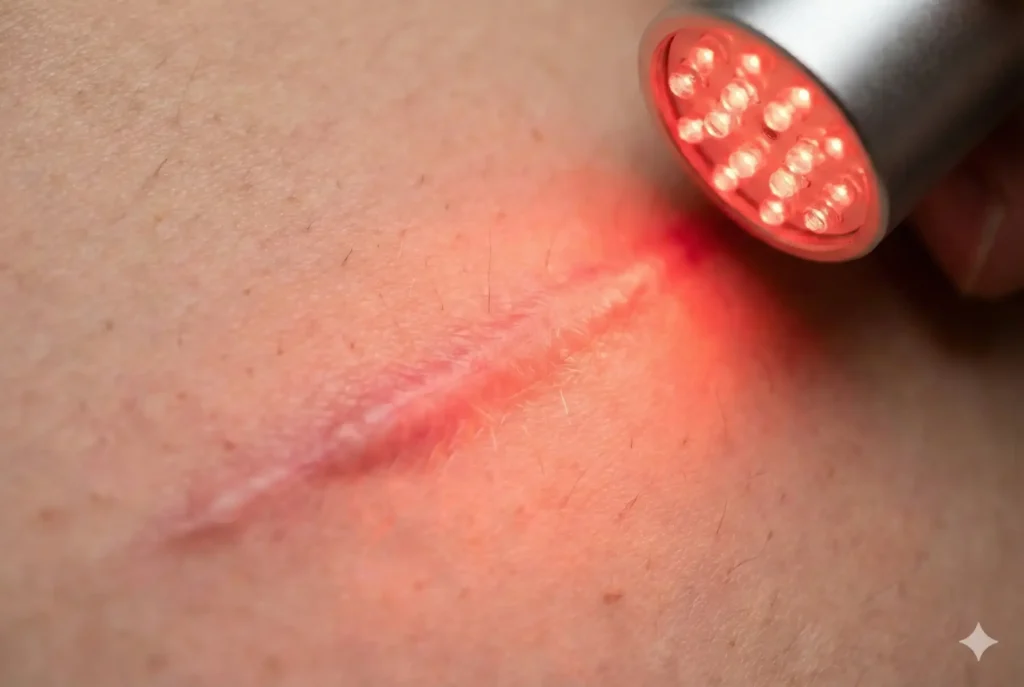Close-up photo of red light therapy being applied to a scar on skin for healing.