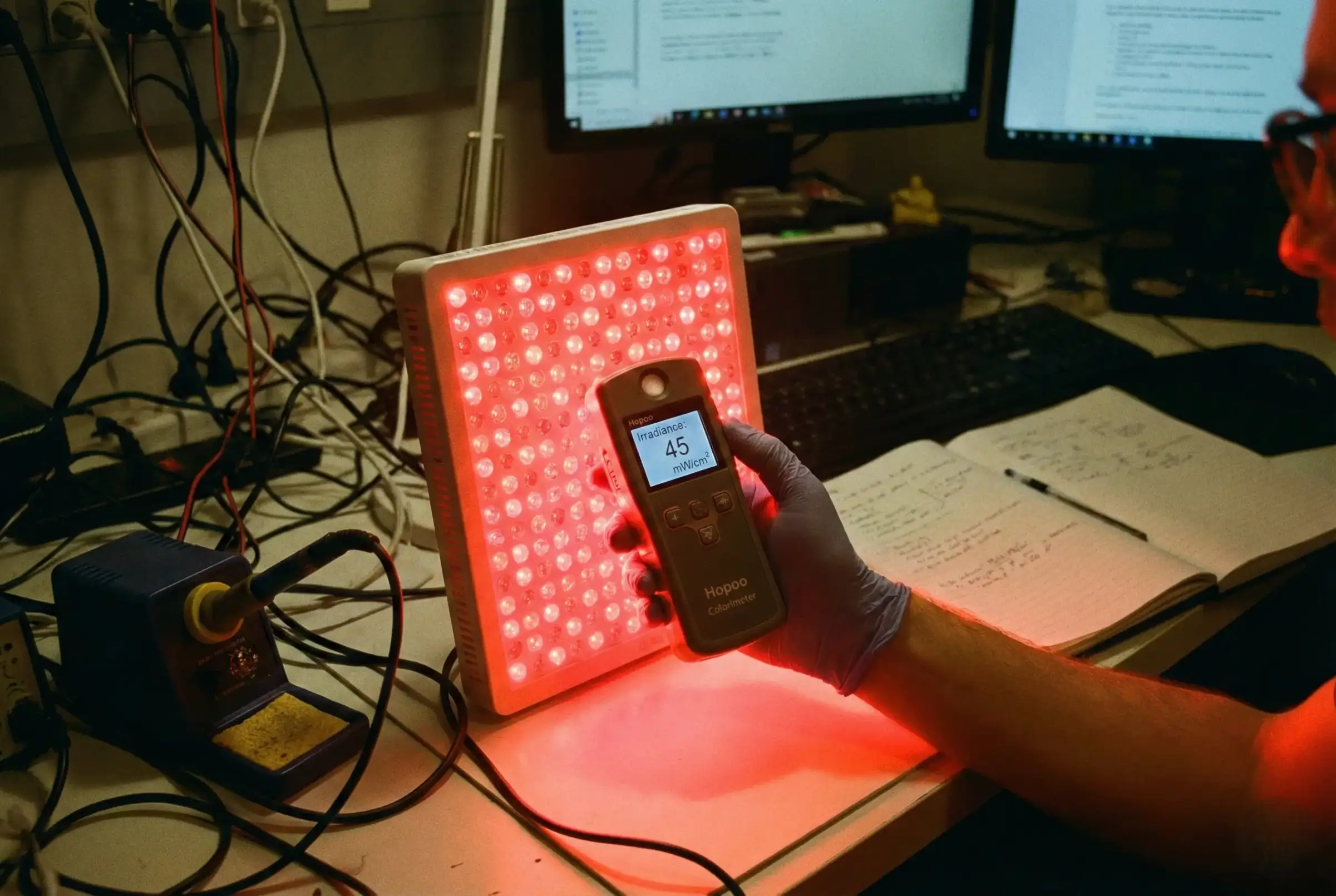 Measuring actual irradiance of red light therapy panel using a spectrometer.