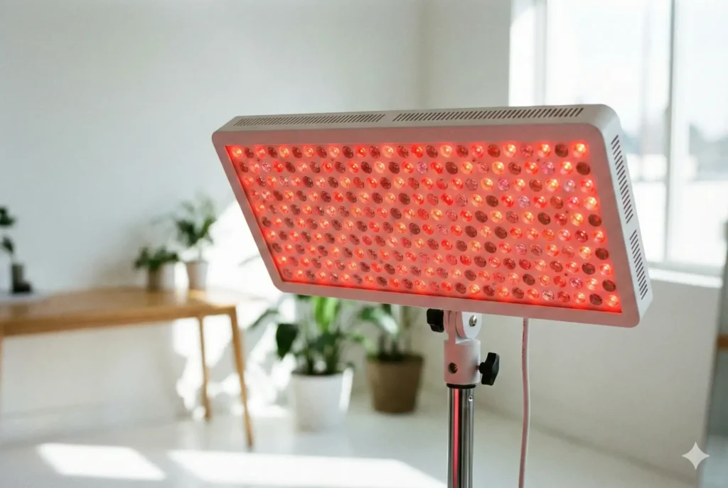 Large red light therapy LED panel mounted on an adjustable stand for full-body treatment in a home setting.