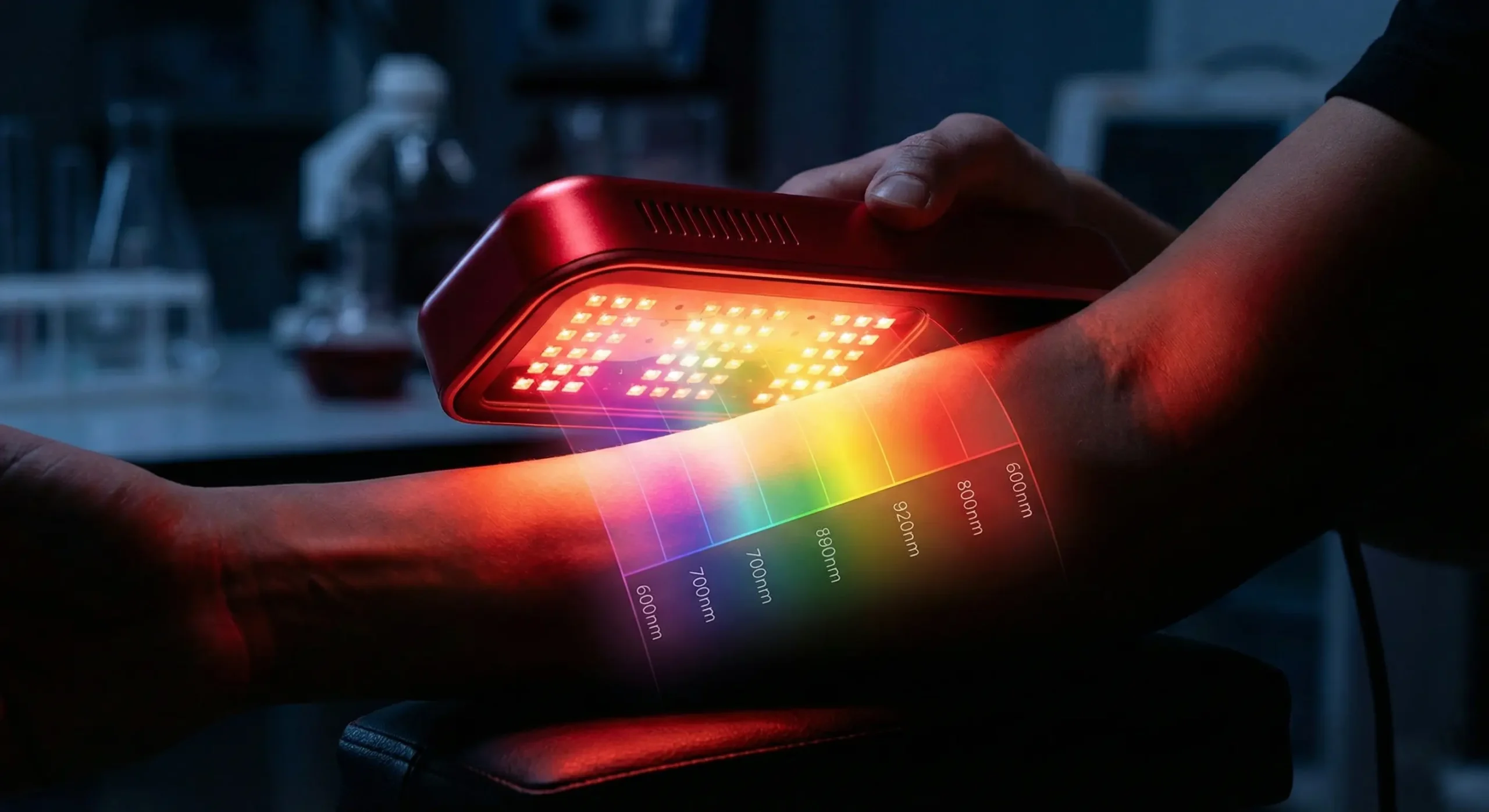Red and Near Infrared Light Therapy Panel Demonstrating Spectrum Use for Skin and Muscle Benefits