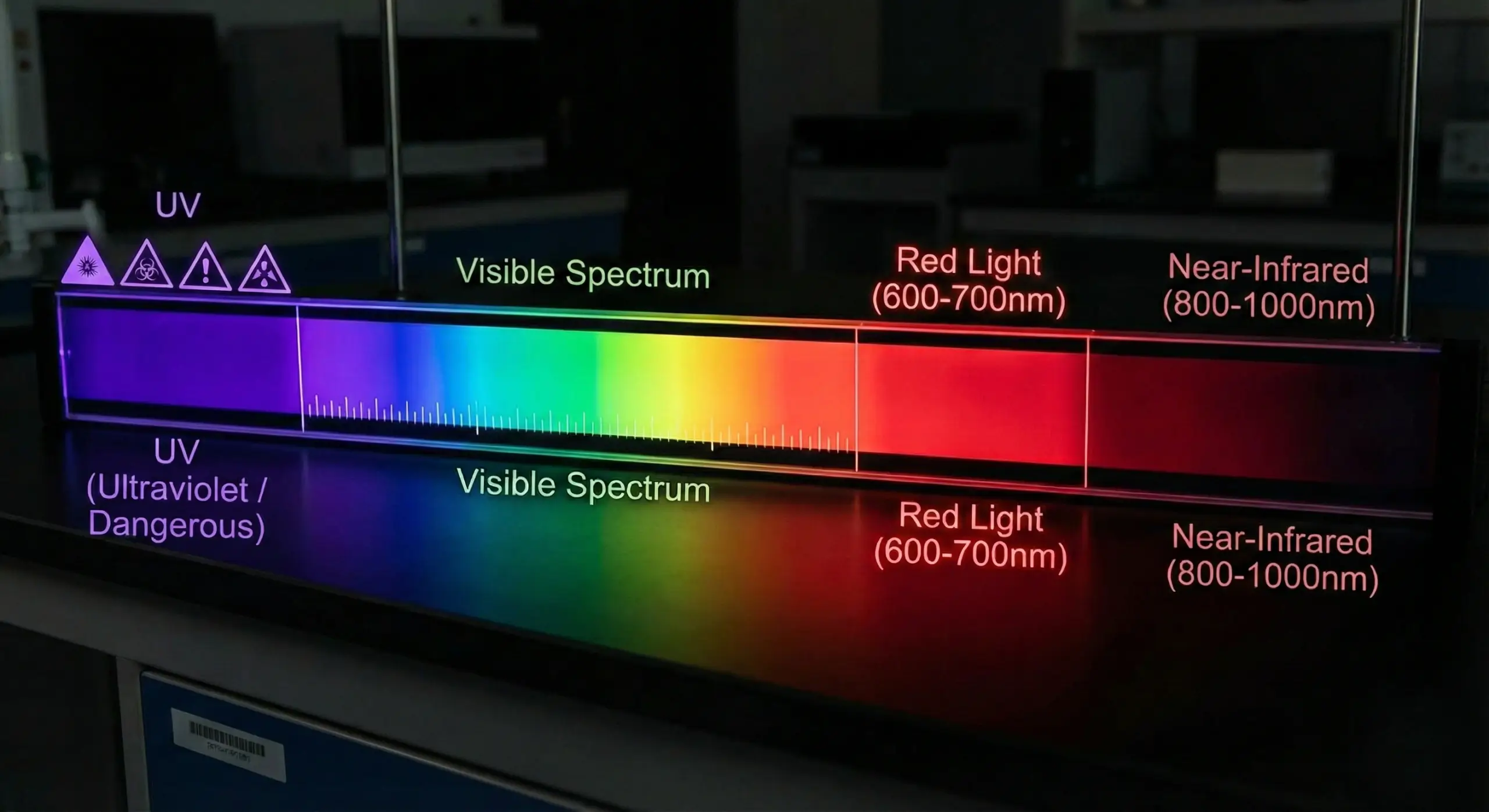 Electromagnetic spectrum comparing UV, visible red light, and near-infrared wavelengths
