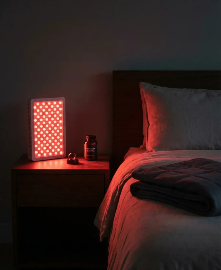 Dark bedroom nightstand with red light therapy device, Oura ring, and sleep supplements for circadian rhythm optimization.