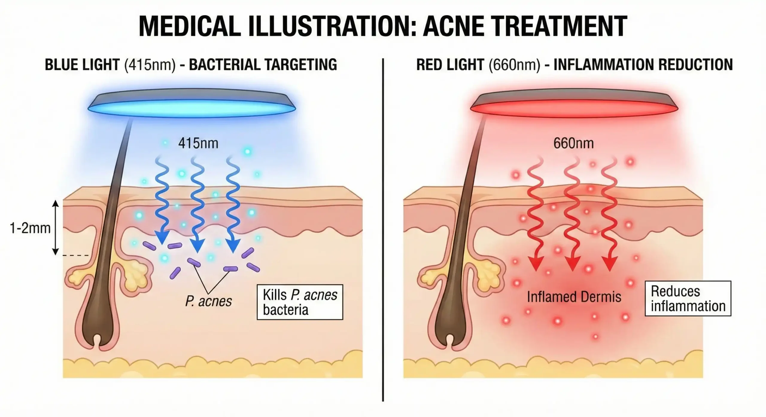 Medical diagram comparing blue light killing acne bacteria at skin surface versus red light reducing deeper inflammation during phototherapy treatment
