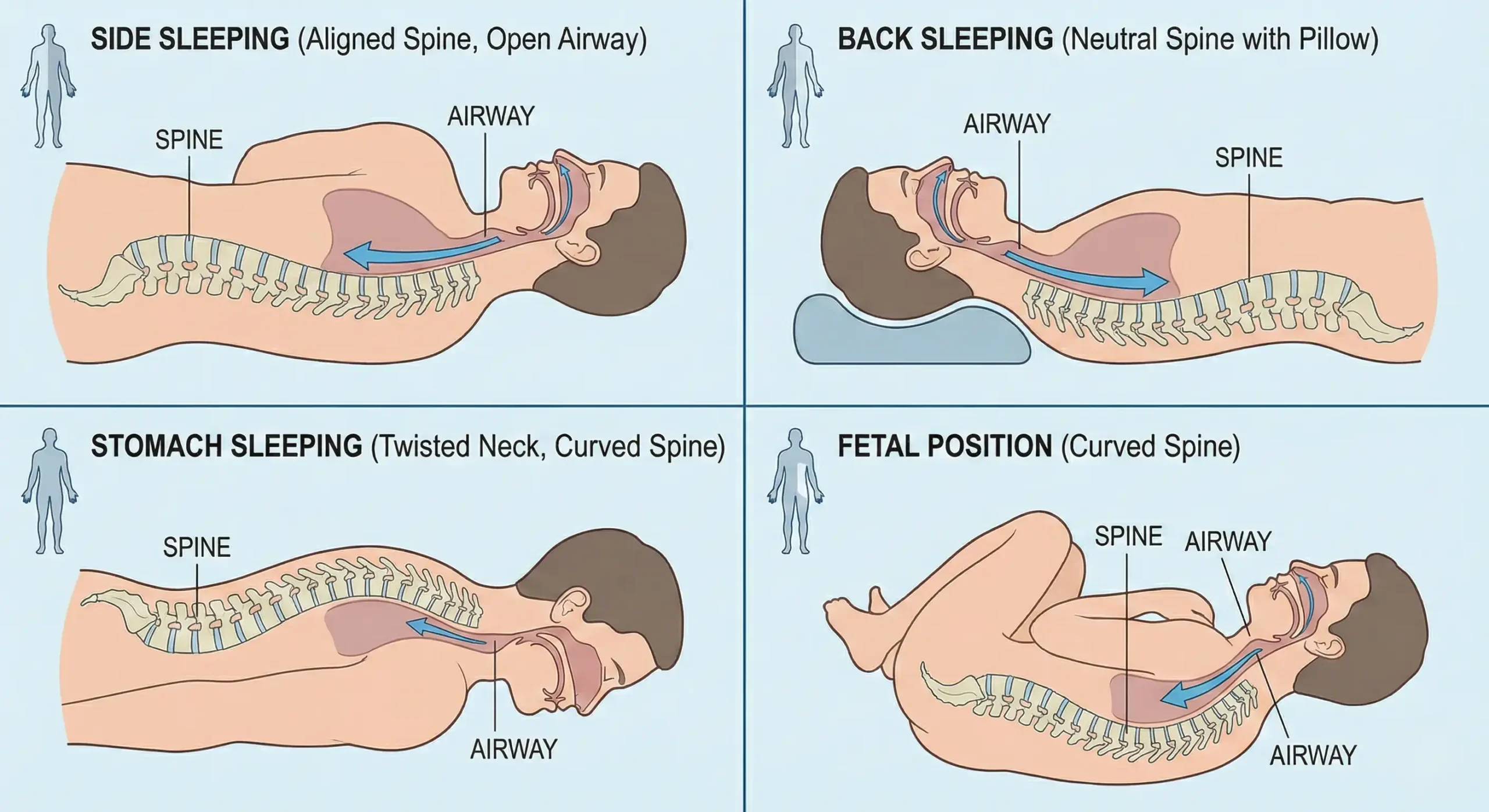 Anatomical comparison of four sleep positions showing spinal alignment and airway patency differences affecting sleep quality