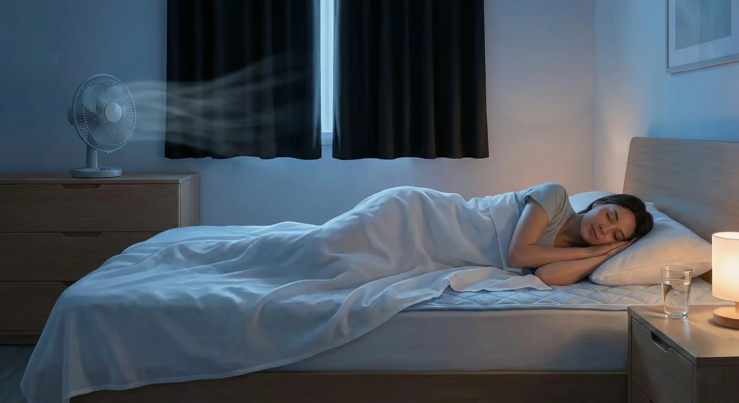 Bedroom setup optimized for sleeping in summer heat showing cooling mattress pad, strategic fan placement, and breathable bedding