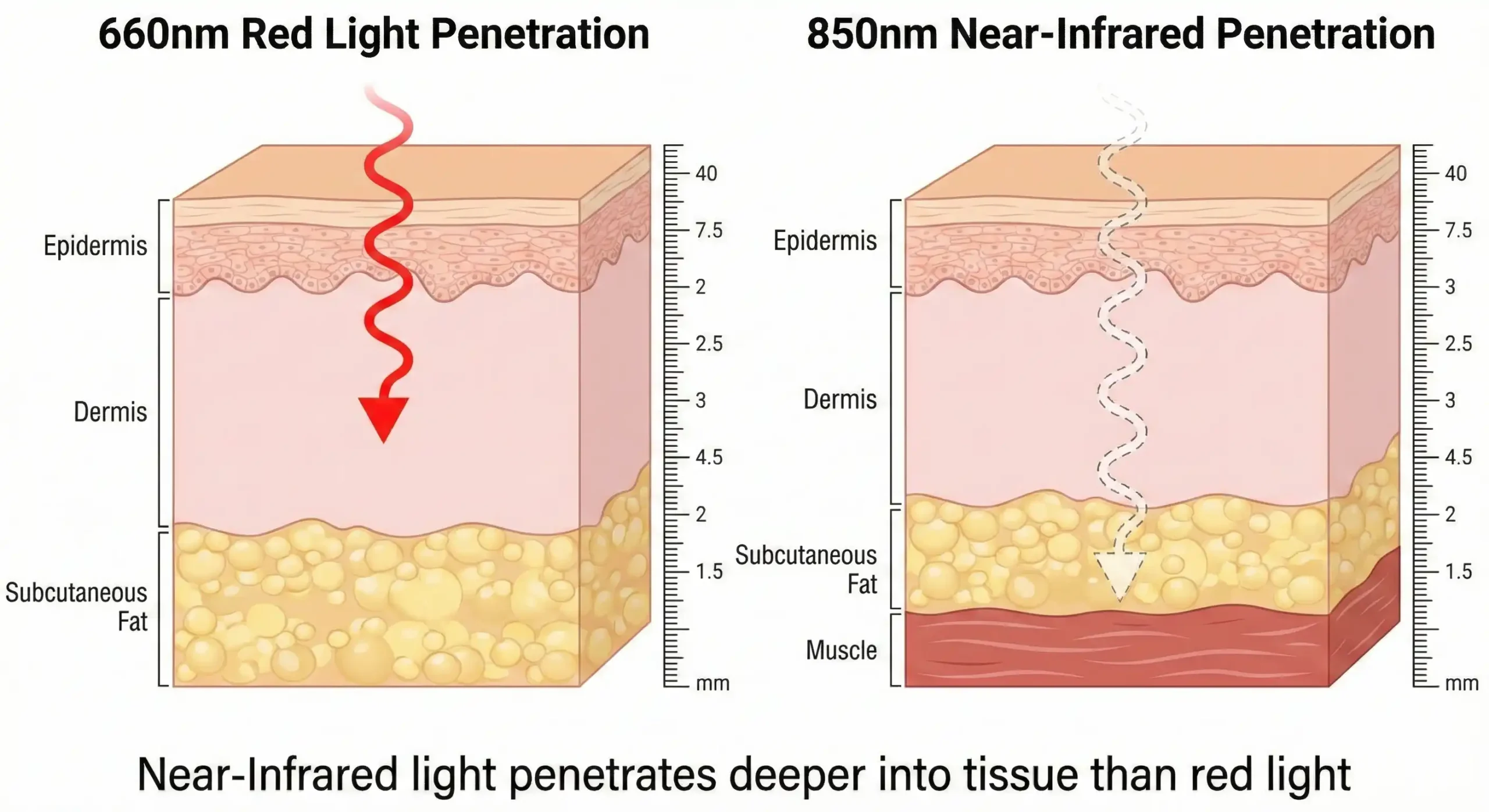 Comparison of 660nm and 850nm light penetration depth in the body