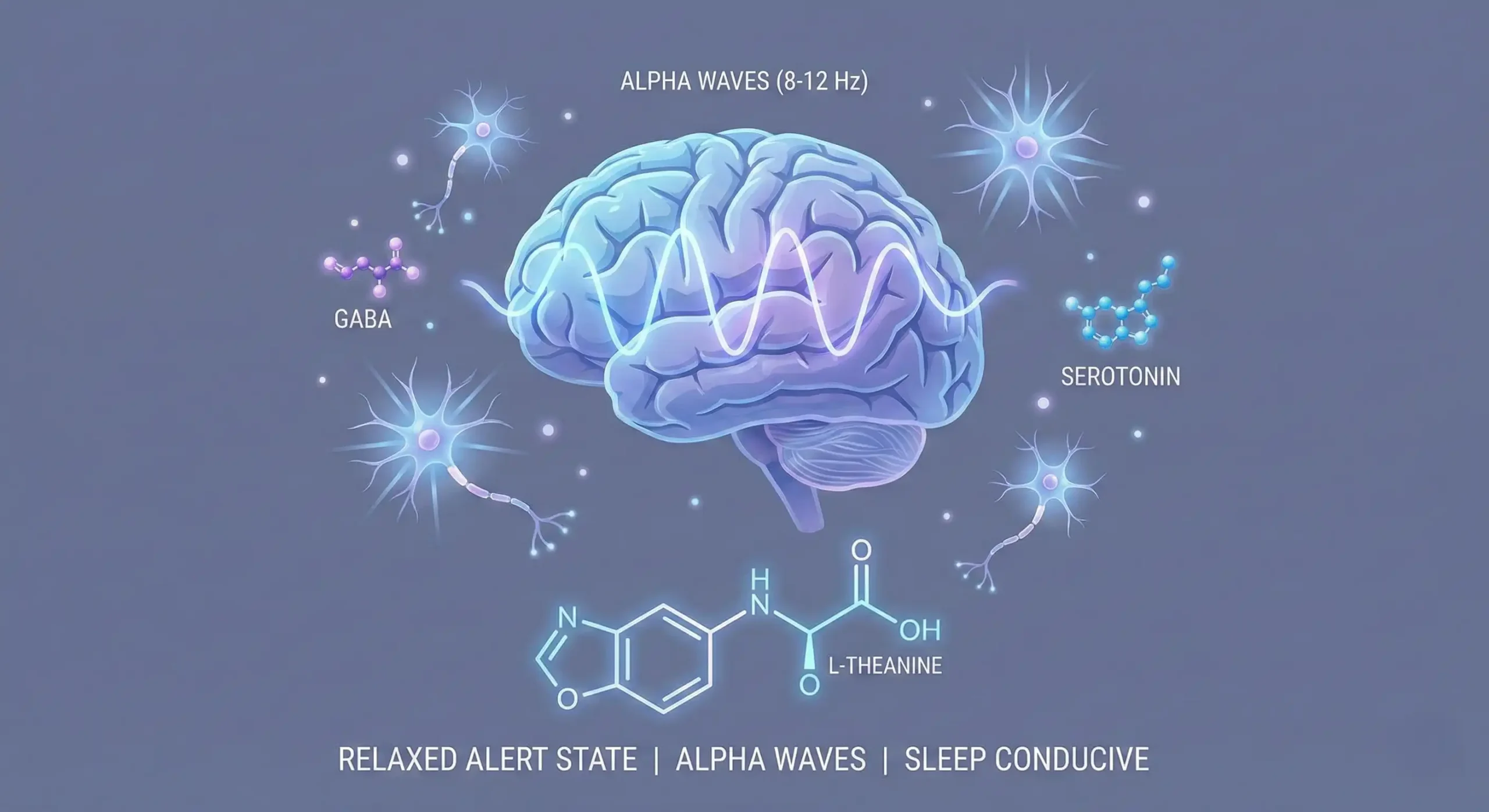 Scientific visualization of L-Theanine effects on brain showing increased alpha waves, GABA, and serotonin for calm mental state before sleep