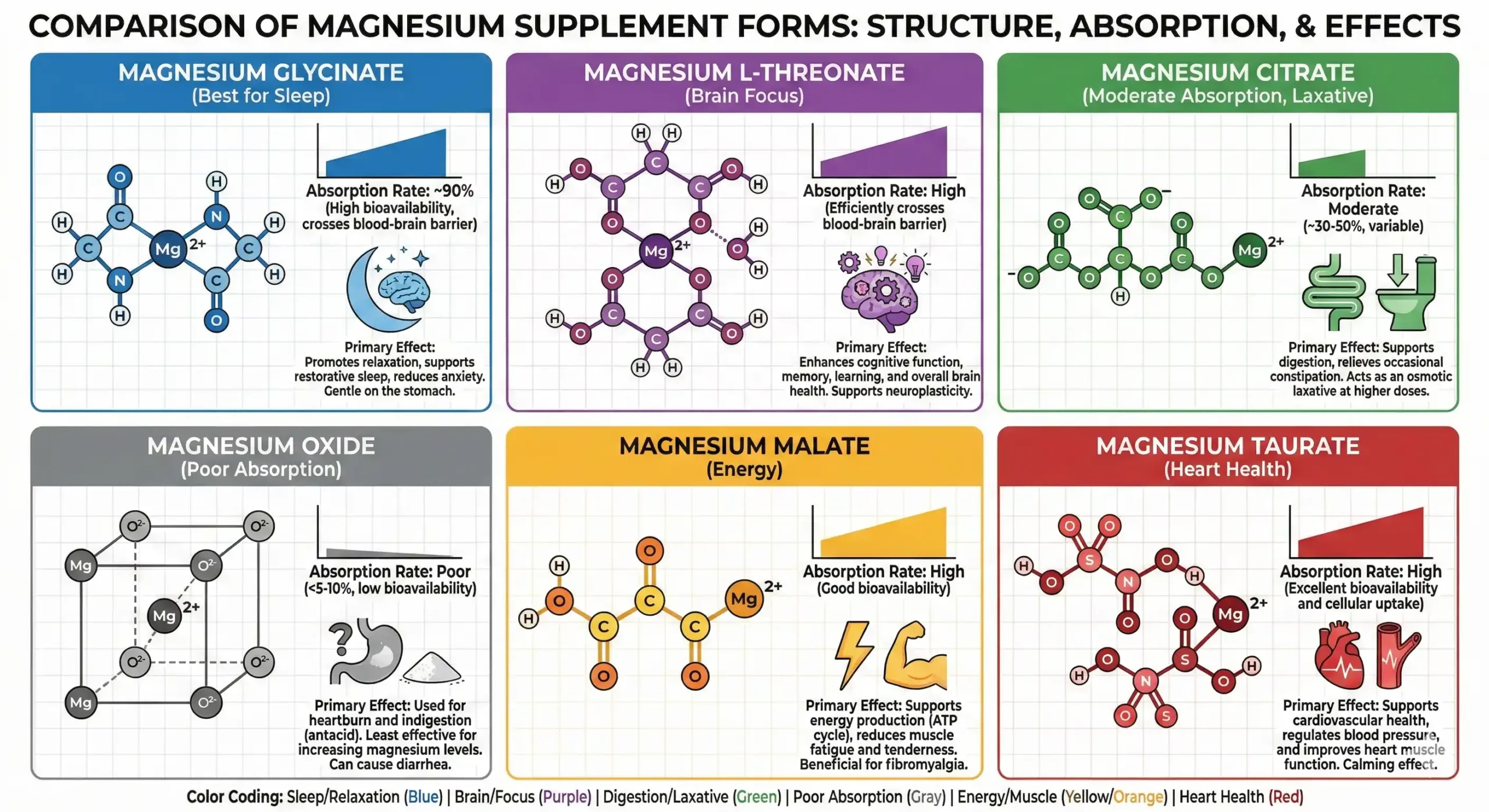 Scientific comparison of magnesium supplement forms showing glycinate as optimal for sleep with highest absorption and calming effects