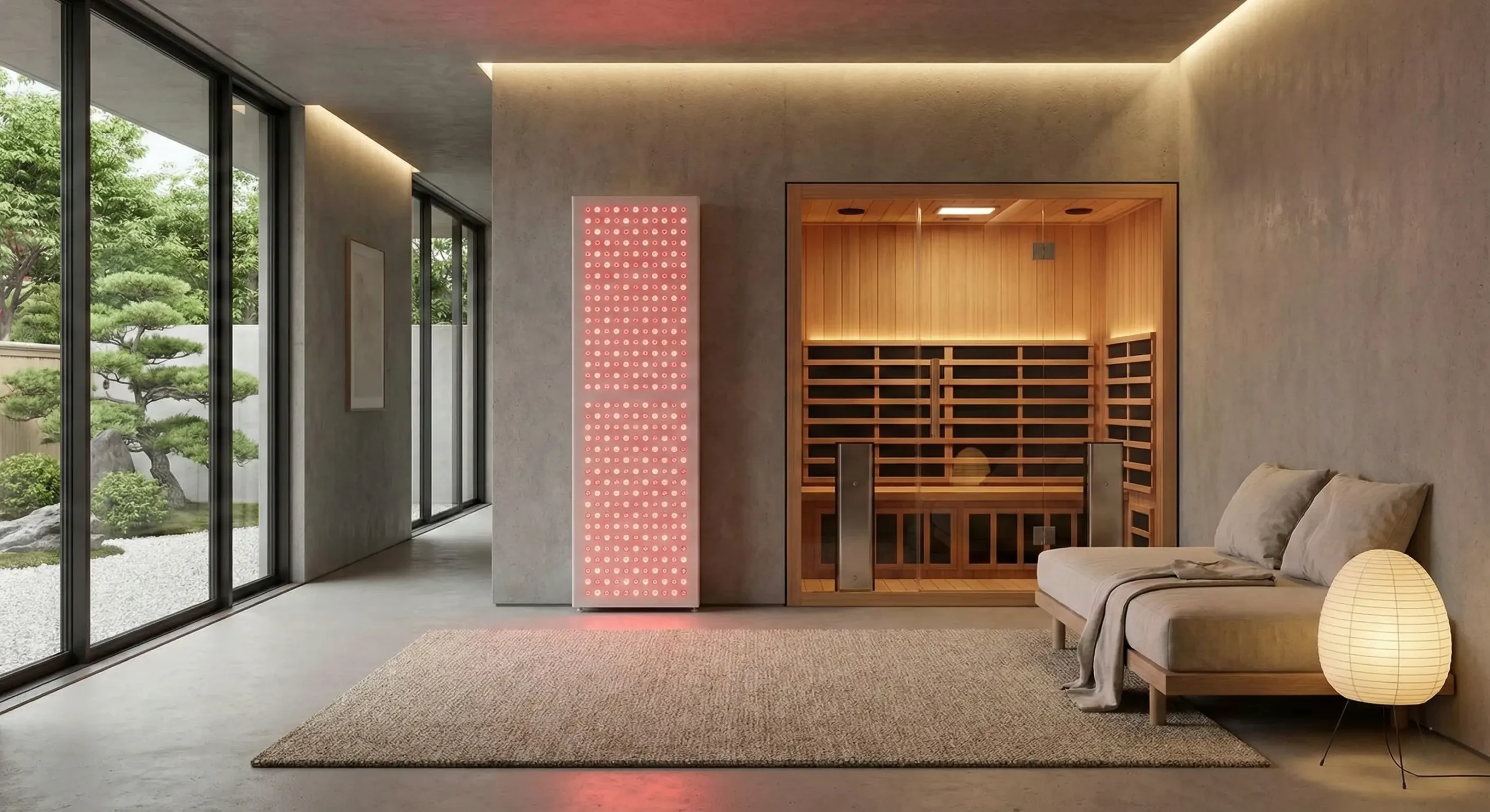 Red light therapy panel placed next to an infrared sauna in a home wellness setup