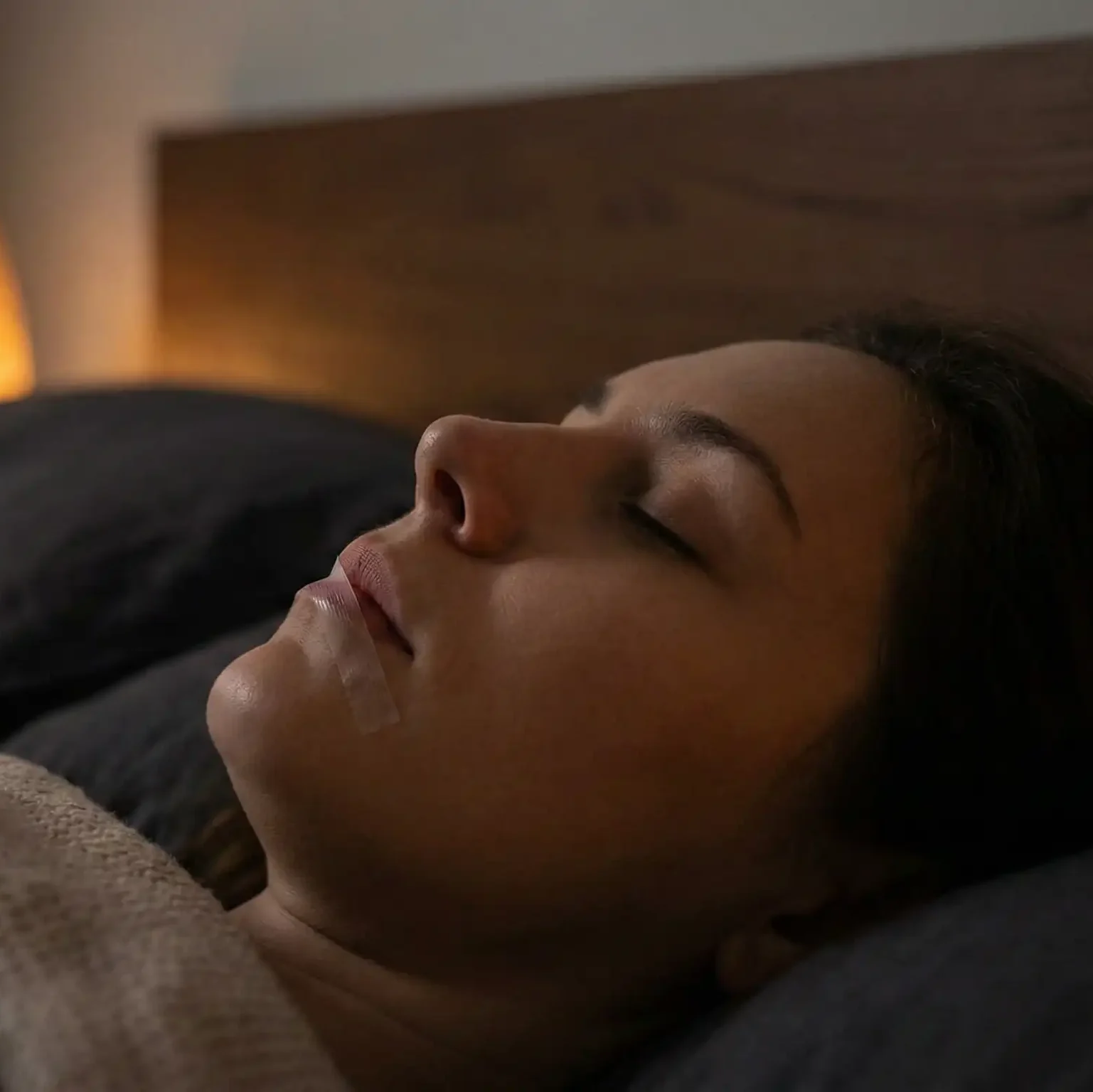 Person sleeping peacefully with medical mouth tape to encourage nasal breathing and nitric oxide production.