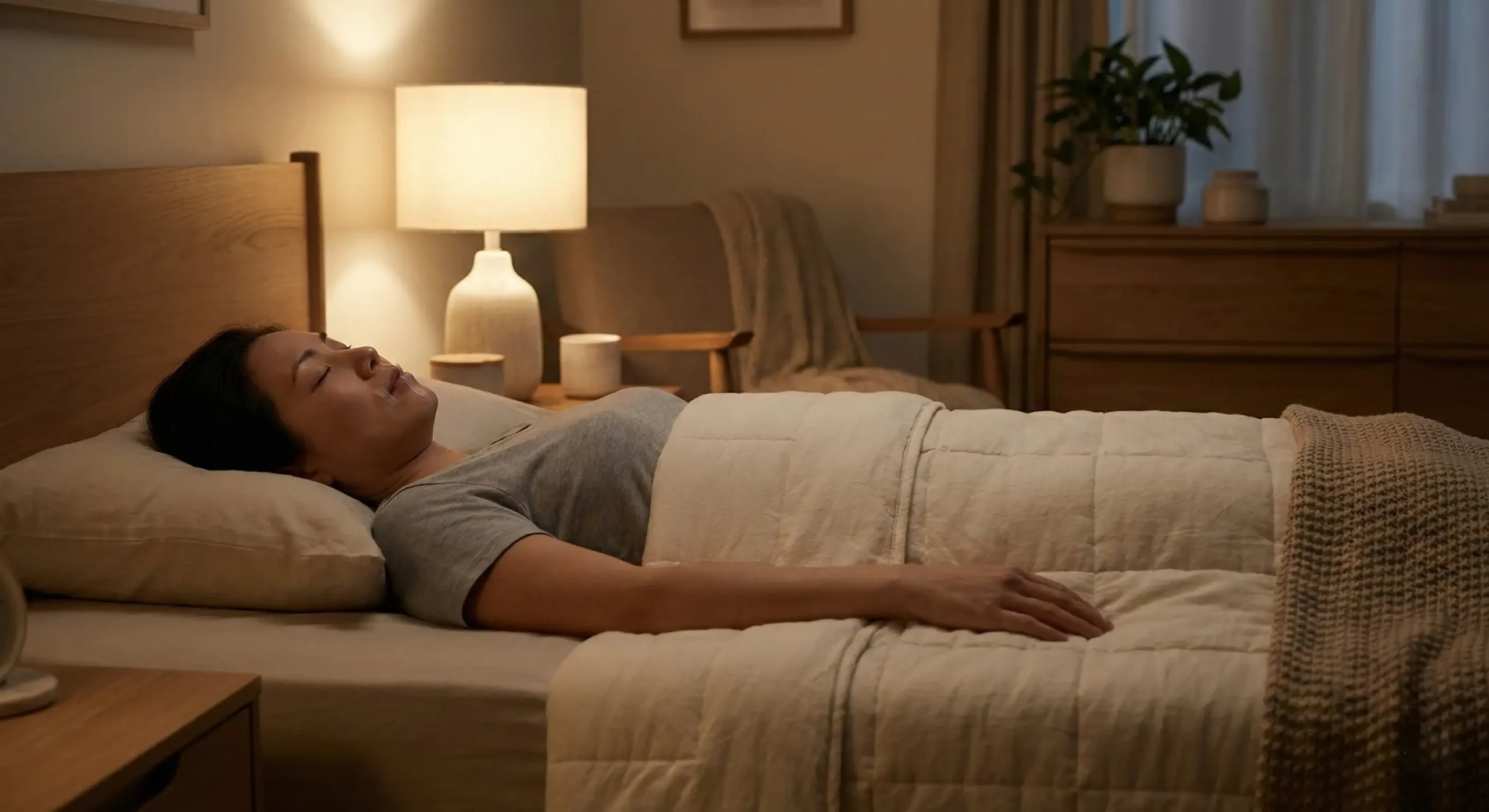 Person sleeping with mouth tape to encourage nasal breathing during sleep