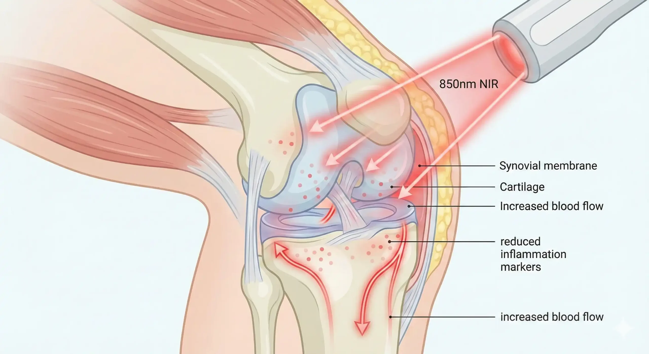 Anatomical diagram showing how 850nm near-infrared light penetrates knee joint to reduce inflammation in cartilage and synovial tissue during red light therapy