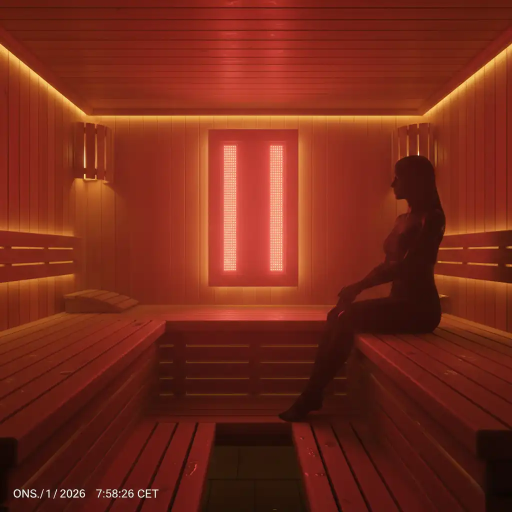 Person relaxing in a wooden sauna with a red light therapy panel for combined heat and light therapy session