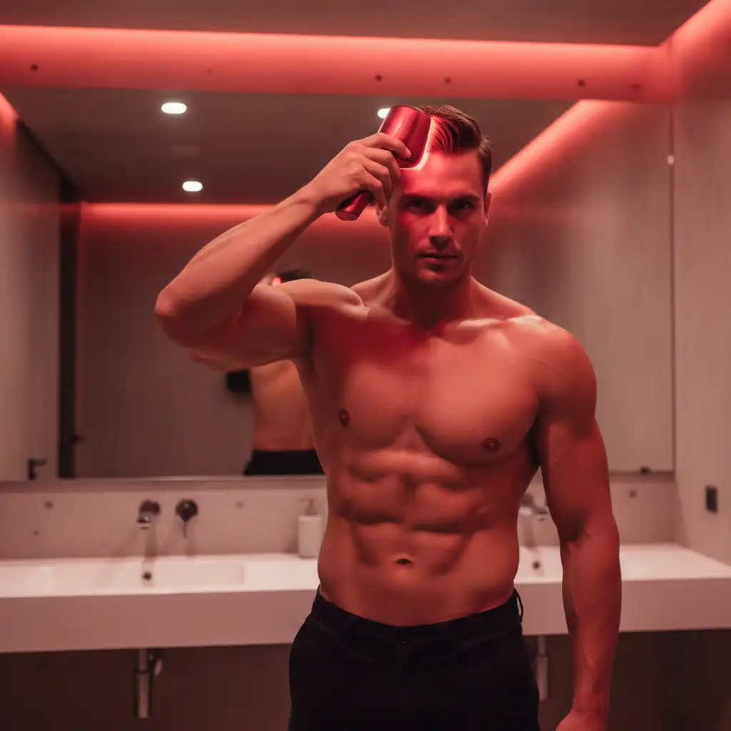 Man applying handheld red light therapy device to scalp for hair growth stimulation and follicle support