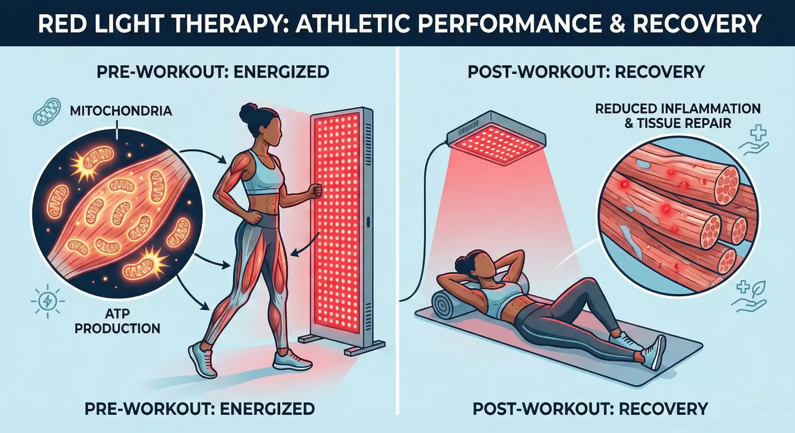 Comparison showing red light therapy effects before workout for performance enhancement versus after workout for recovery and inflammation reduction