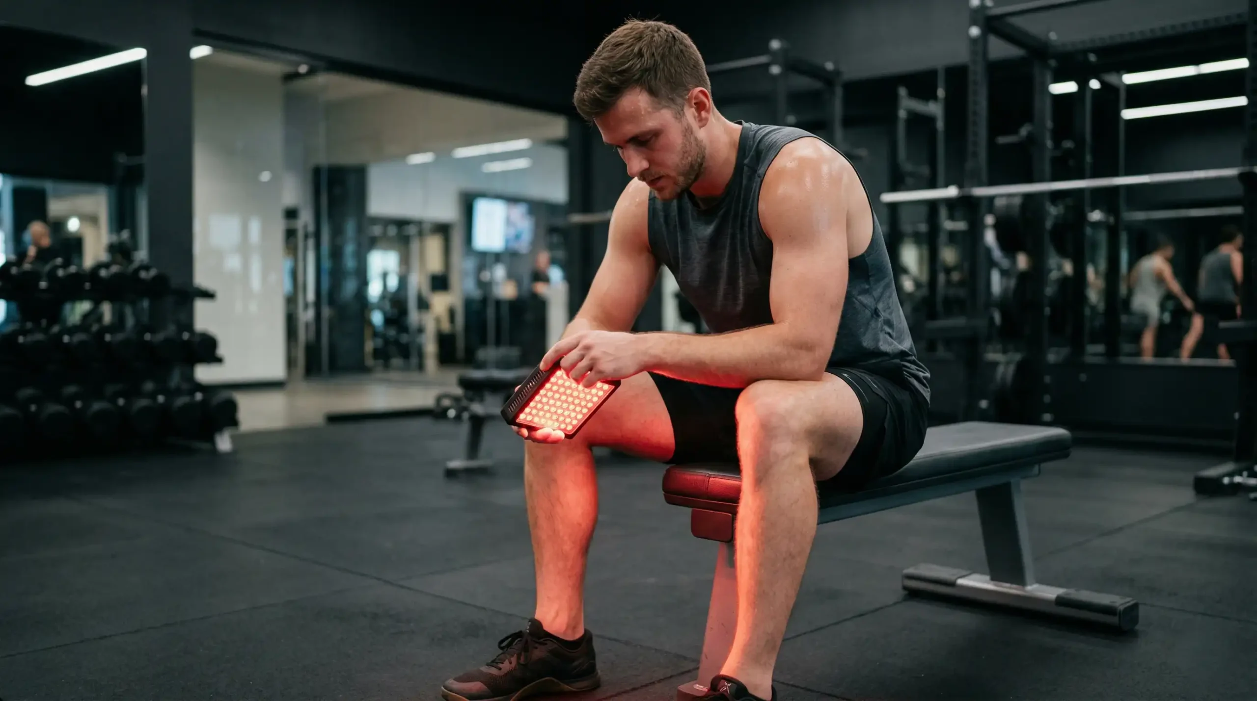 Athlete using 850nm near-infrared red light therapy panel on legs after workout for muscle recovery and DOMS reduction protocol