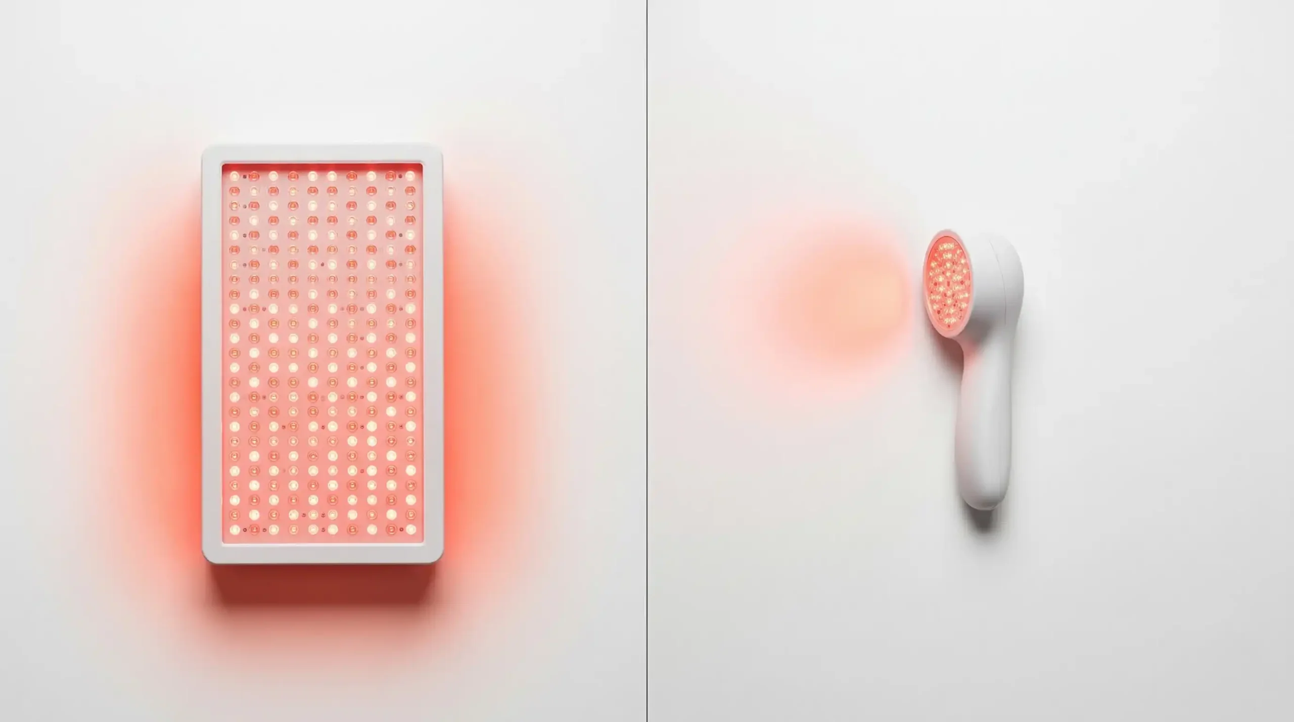 Comparison of large red light therapy panel versus compact portable handheld device showing size difference for full body versus targeted treatment
