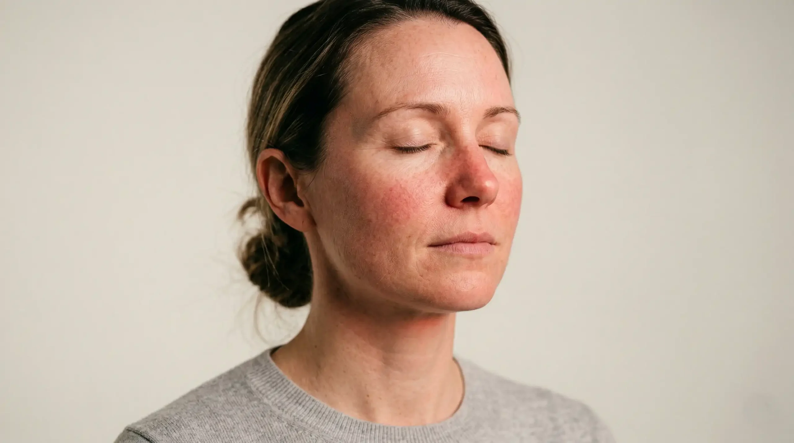Woman with rosacea-prone skin receiving 660nm red light therapy facial treatment for inflammation reduction and redness calming protocol