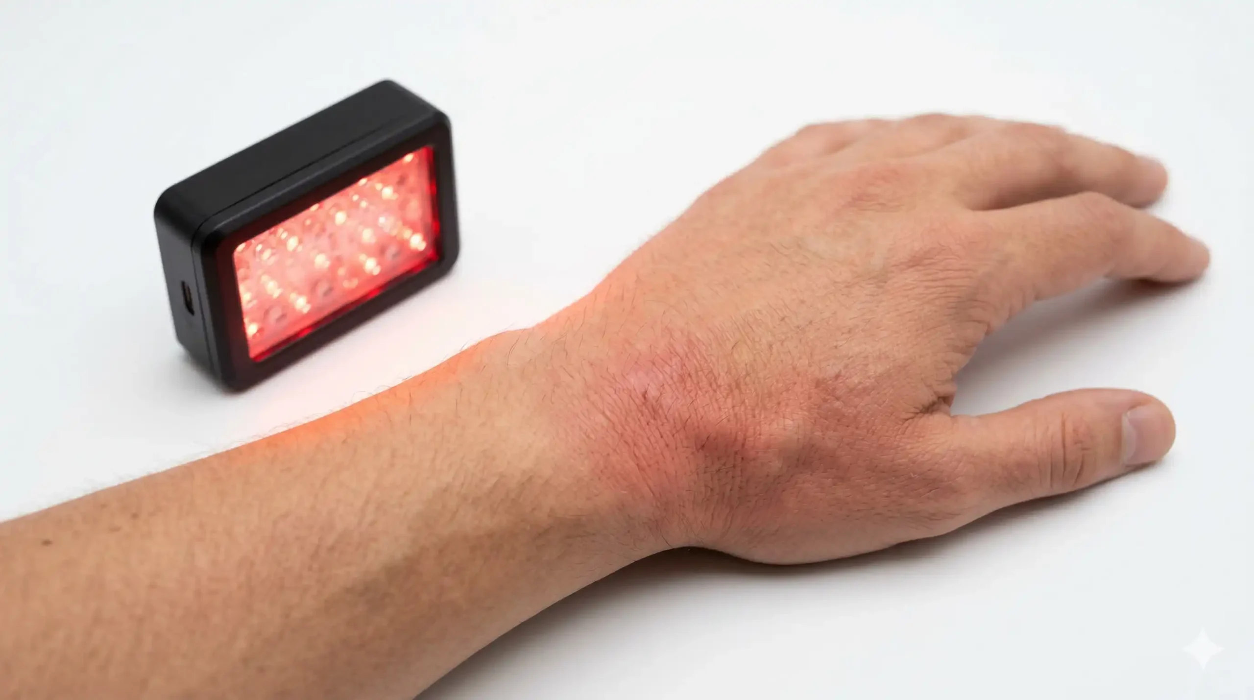 Person using near-infrared red light therapy device on inflamed joint tissue, 850nm photobiomodulation for systemic and local inflammation reduction