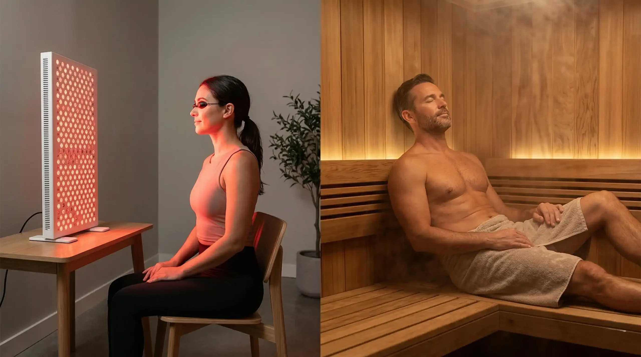 Side by side comparison of red light therapy panel session versus infrared sauna session showing different mechanisms for recovery and inflammation