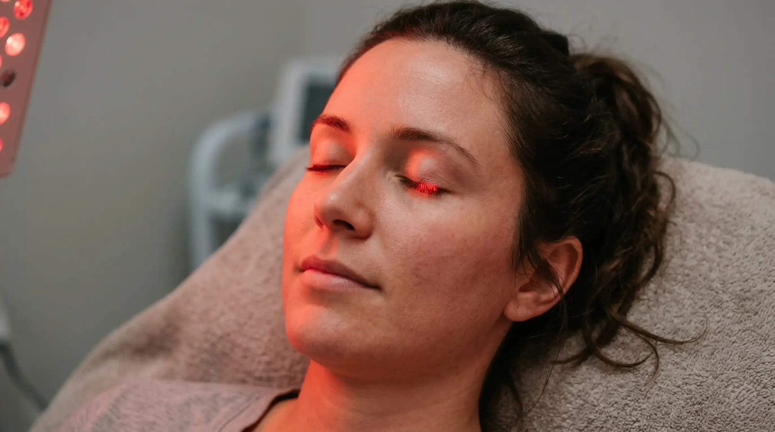 Person with eyes closed during red light therapy session showing safe eye exposure protocol with 660nm LED panel at correct distance