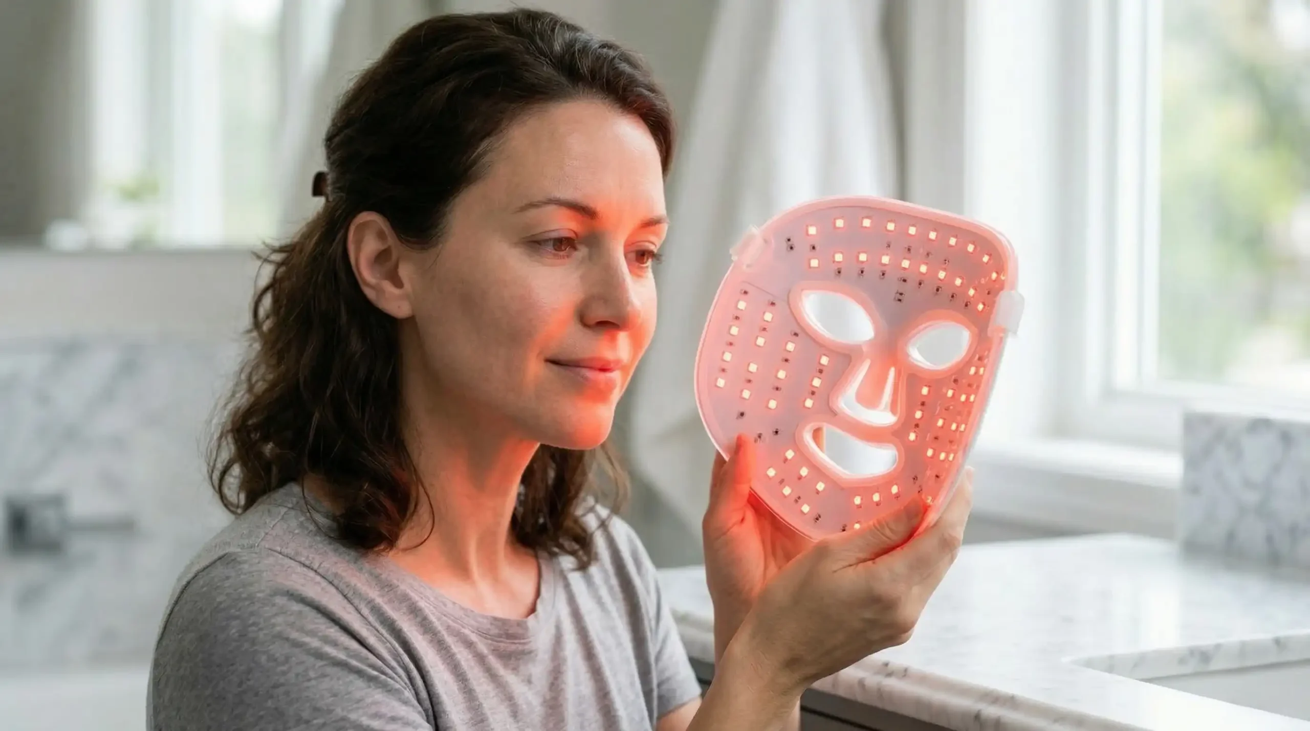 Woman holding red light therapy LED face mask emitting 660nm wavelength for anti-aging collagen stimulation protocol at home