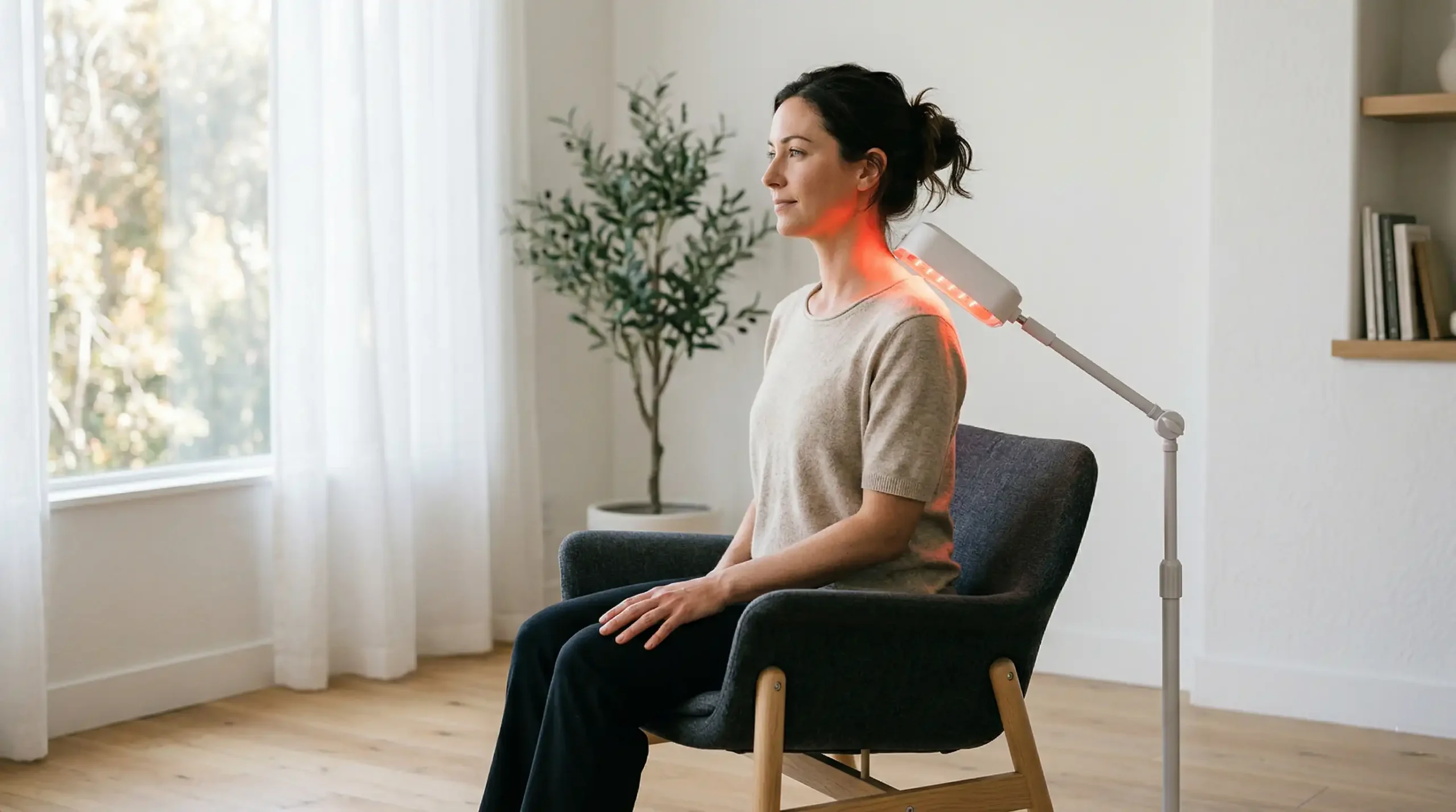Person using near-infrared 850nm red light therapy device on neck and shoulder pain targeting trapezius and cervical muscles at home