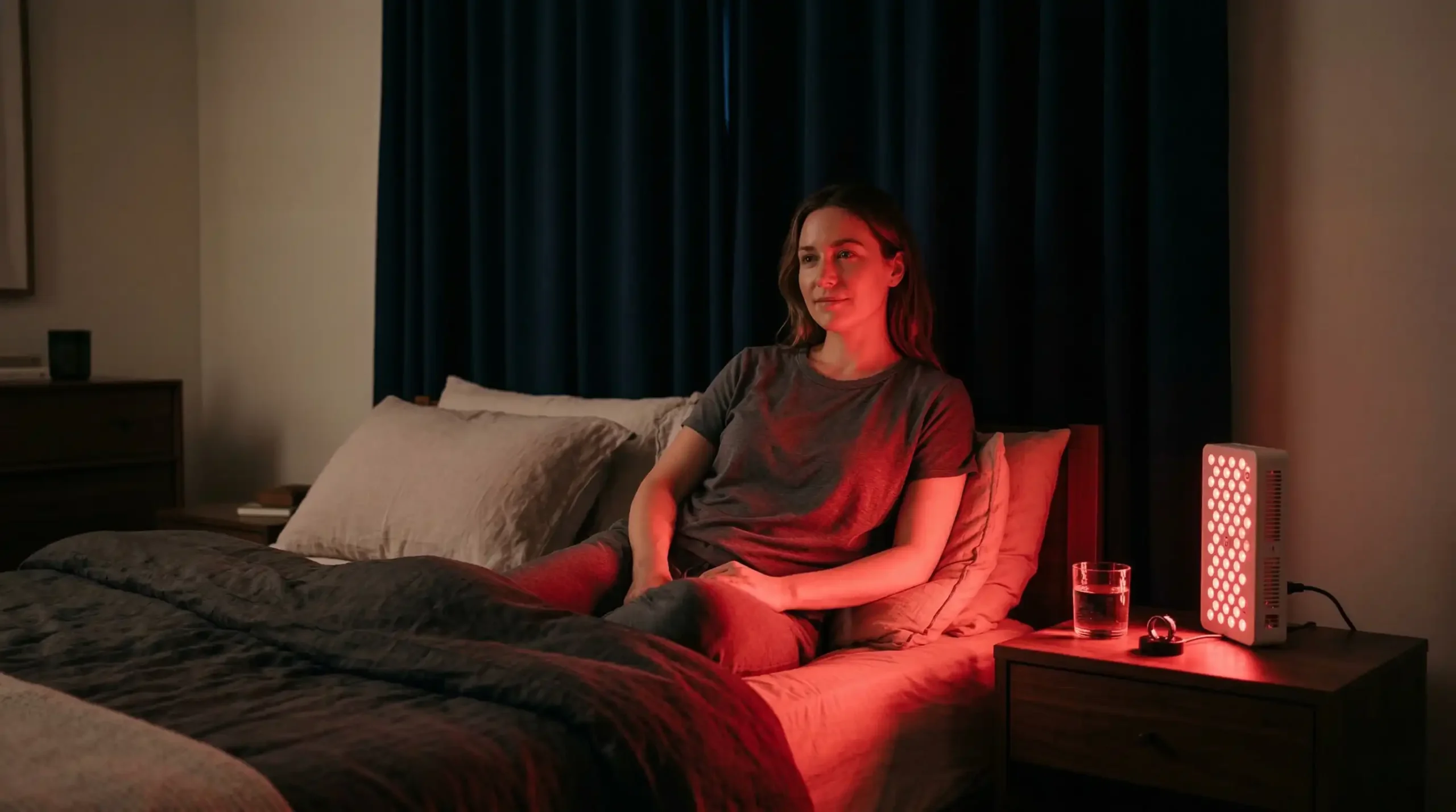 Person using red light therapy panel in dark bedroom during evening routine for melatonin support and circadian rhythm optimization before sleep