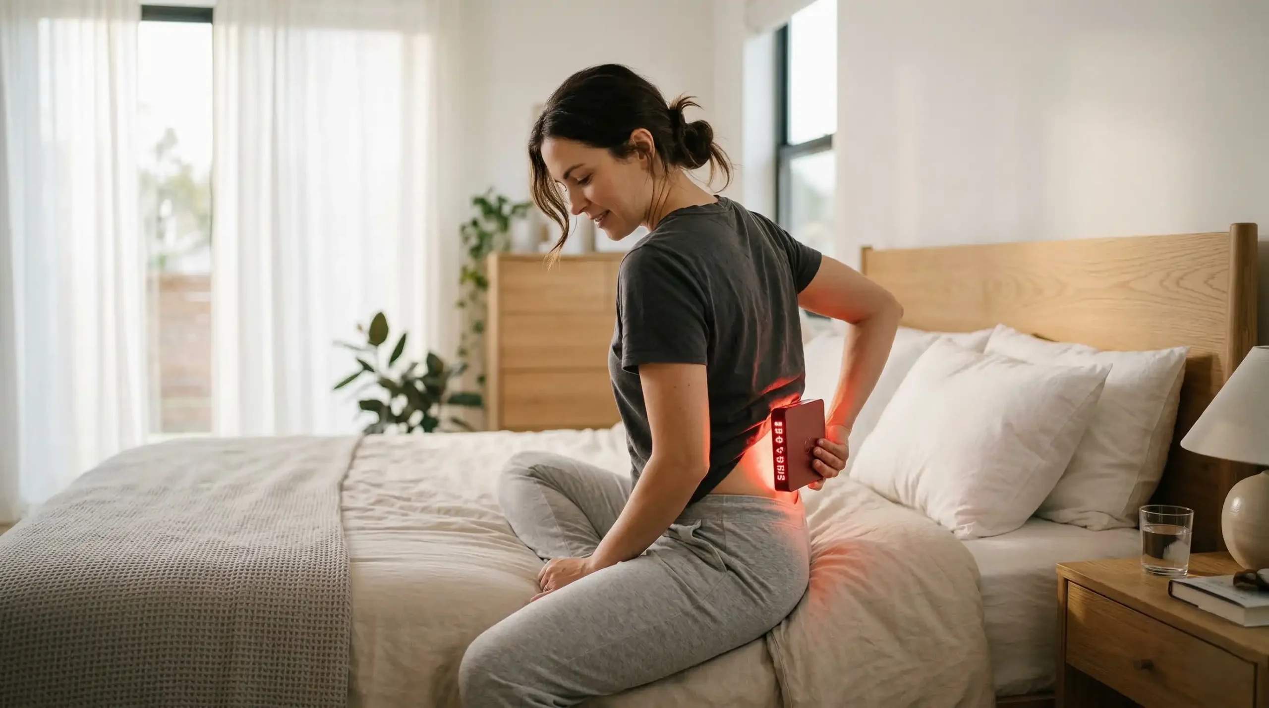 Man using near-infrared red light therapy panel on lower back pain at home, 850nm photobiomodulation protocol for lumbar inflammation