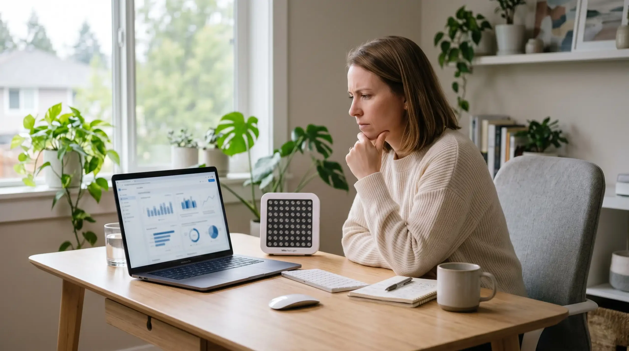 Person reviewing red light therapy research and studies on a laptop, representing evidence-based evaluation of RLT claims
